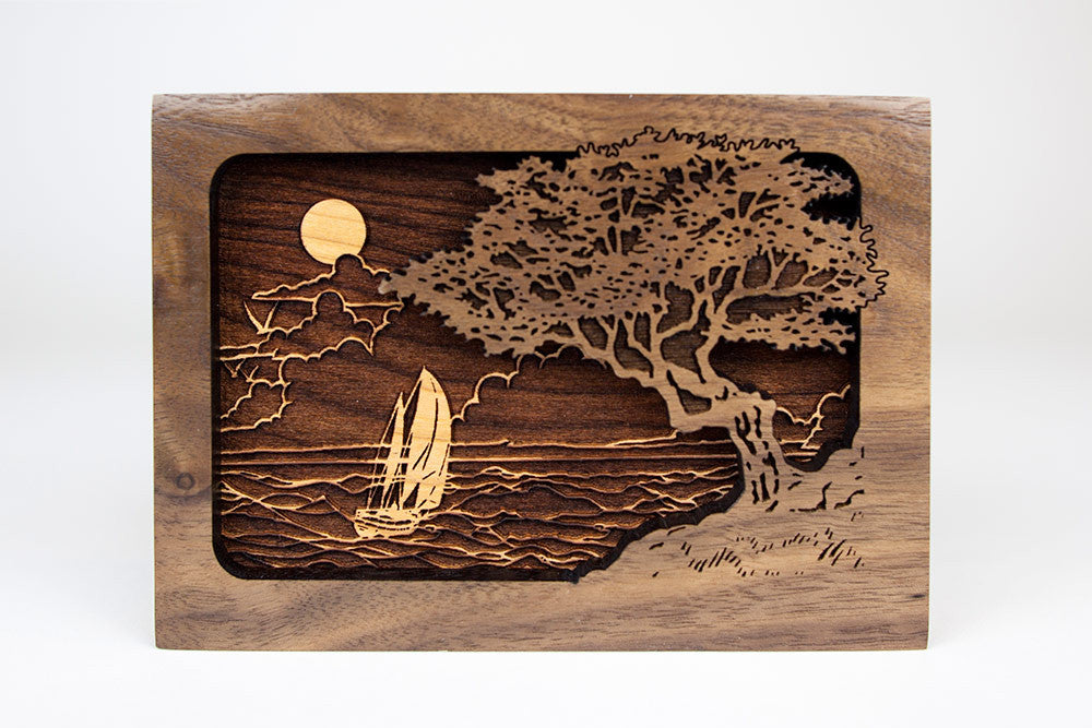 Handmade Dimensional Wood Art Seascape - Small Keepsake Urn for Ashes - Perfect for Memorial, Home Decor & Coastal Themed Interiors
