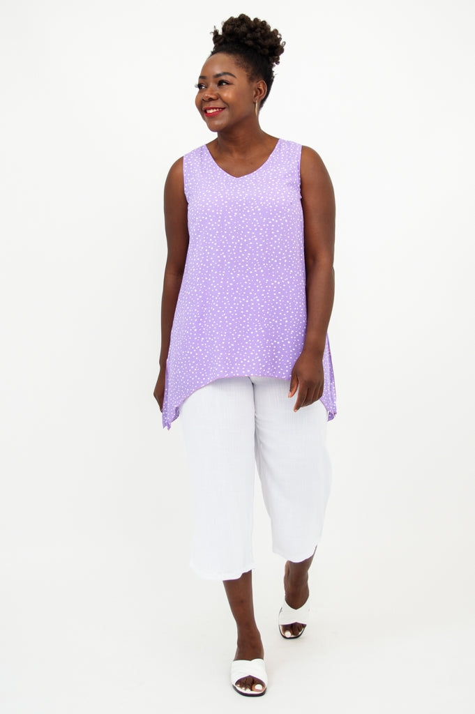 Dotty Tank Top - Purple Polka Dot Women's Casual Shirt for Summer Outfits & Beach Wear