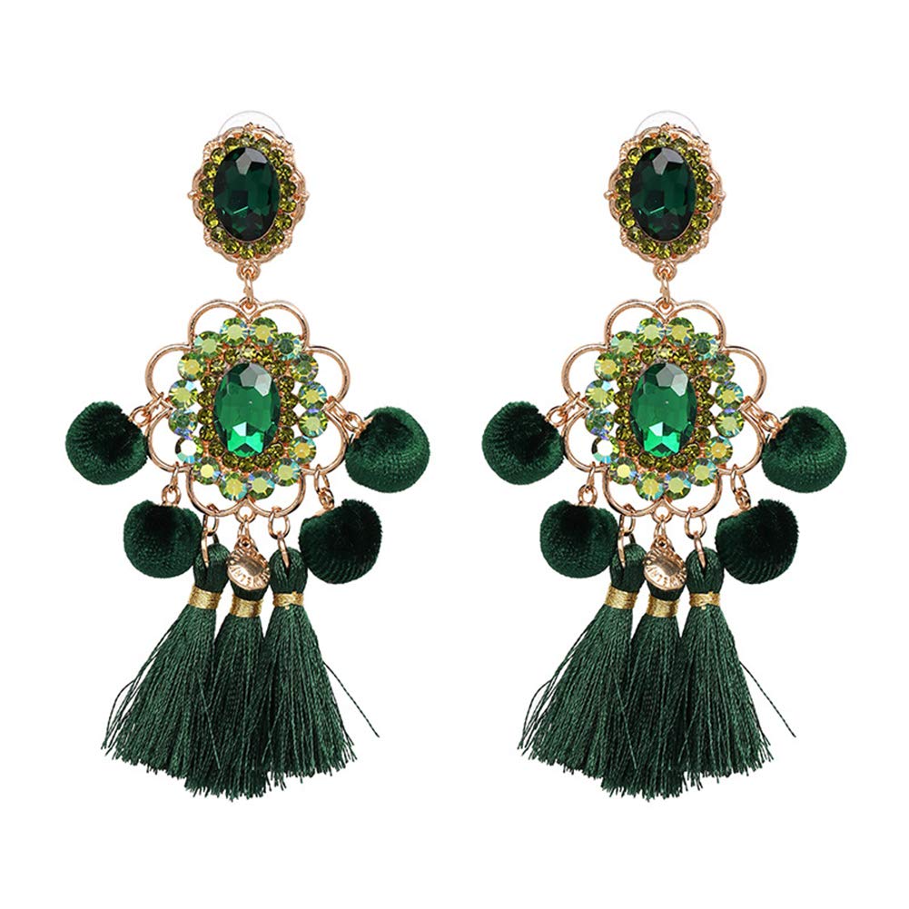 Walbest Women's Rhinestone Flower Pompom Tassel Dangle Earrings - Green Statement Jewelry for Party, Wedding & Everyday Wear