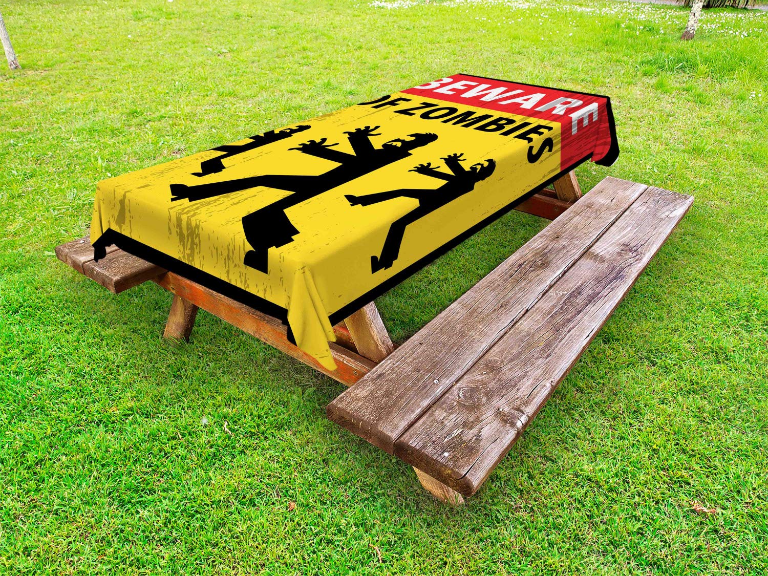 Ambesonne Zombie Themed Outdoor Tablecloth - Beware of The Zombies Fiction Humor Sign Warning Emblem - Modern Graphic Art Design - Waterproof Washable Picnic Table Cover - 58x120 Inches - Yellow Black Red - Perfect for Halloween Parties, Horror Themed Events & Outdoor Gatherings