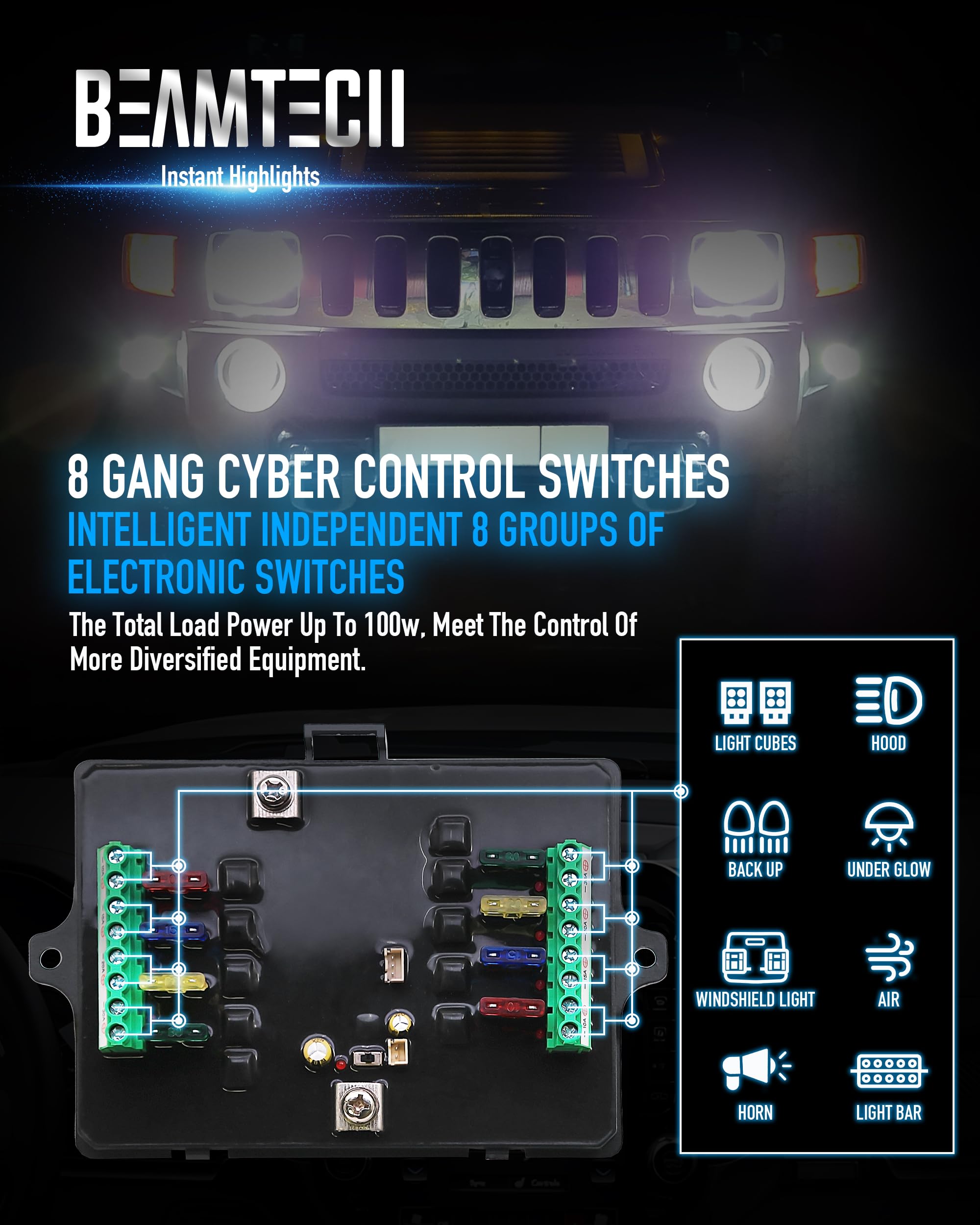 BEAMTECH 8 Gang RGB Switch Panel with Momentary/Pulsed Control - LED Light Controller for Off Road ATV UTV Car Truck Van - Perfect for Vehicle Customization & Auxiliary Lighting Systems