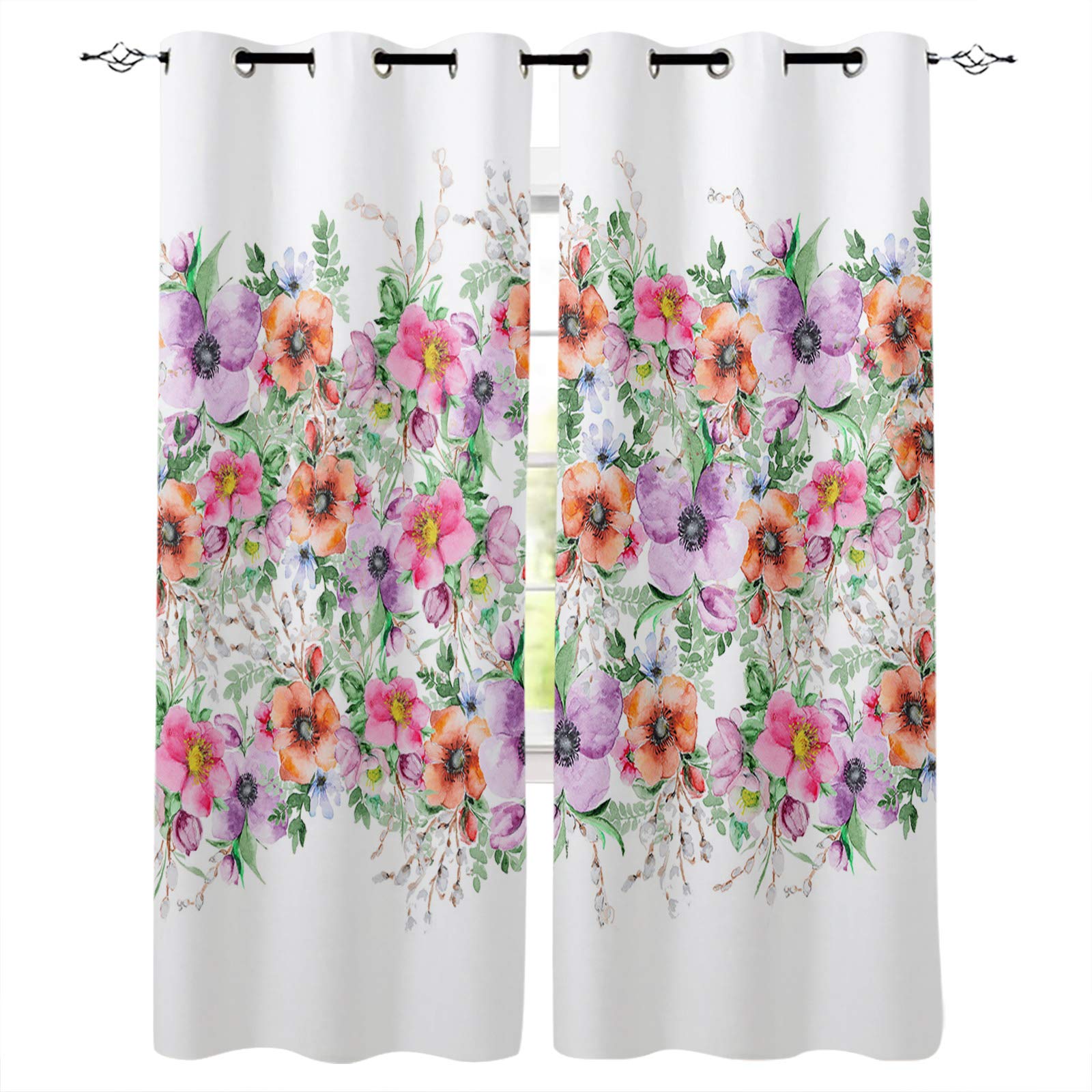Thermal Insulated Blackout Curtains for Bedroom & Living Room - Watercolor Morning Glory Design on White Background, 52x54 Inch Room Darkening Noise Reducing Grommet Drapes (Set of 2 Panels) - Perfect for Better Sleep, Home Decor & Light Control