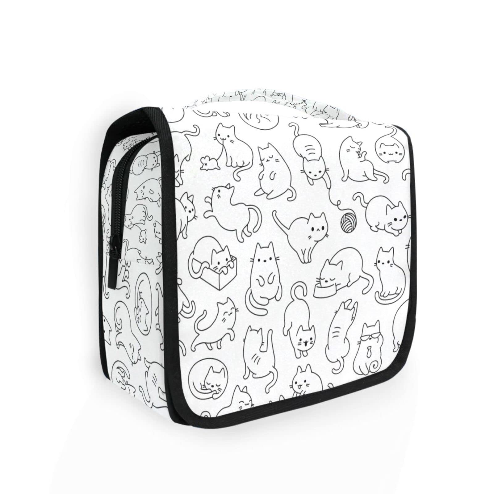 Moyyo White Cartoon Cats Hanging Travel Toiletry Bag - Waterproof Cosmetic Makeup Organizer for Women & Men - Portable Wash Bag for Gym, Camping, Business Trips & Vacation - Perfect Toiletry Organizer for Kids & Adults