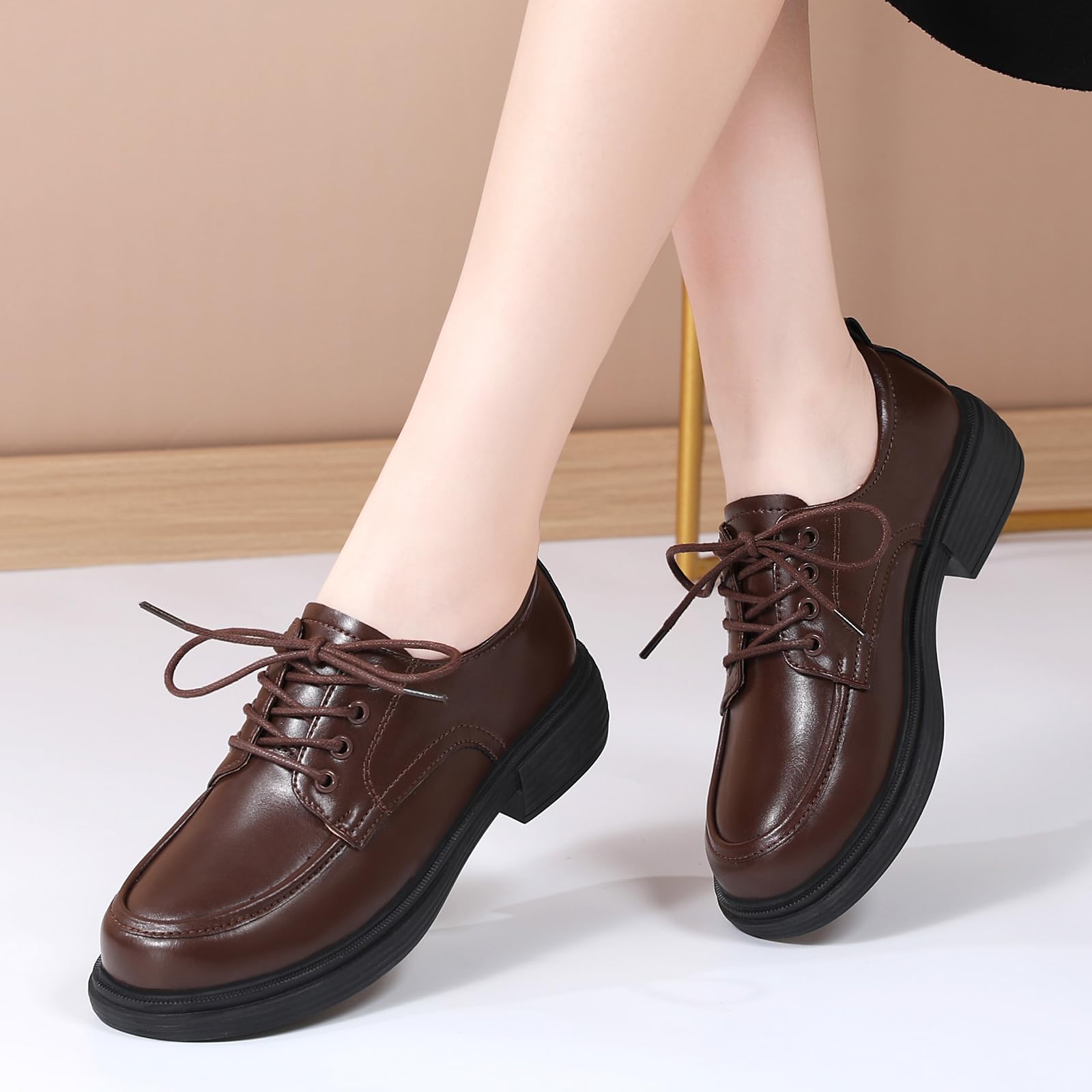Women's Leather Oxford Shoes - Classic Lace-Up Round Toe Flat for Business Casual & Office Wear | Non-Slip Comfortable Dressy Shoes for Work & Professional Occasions