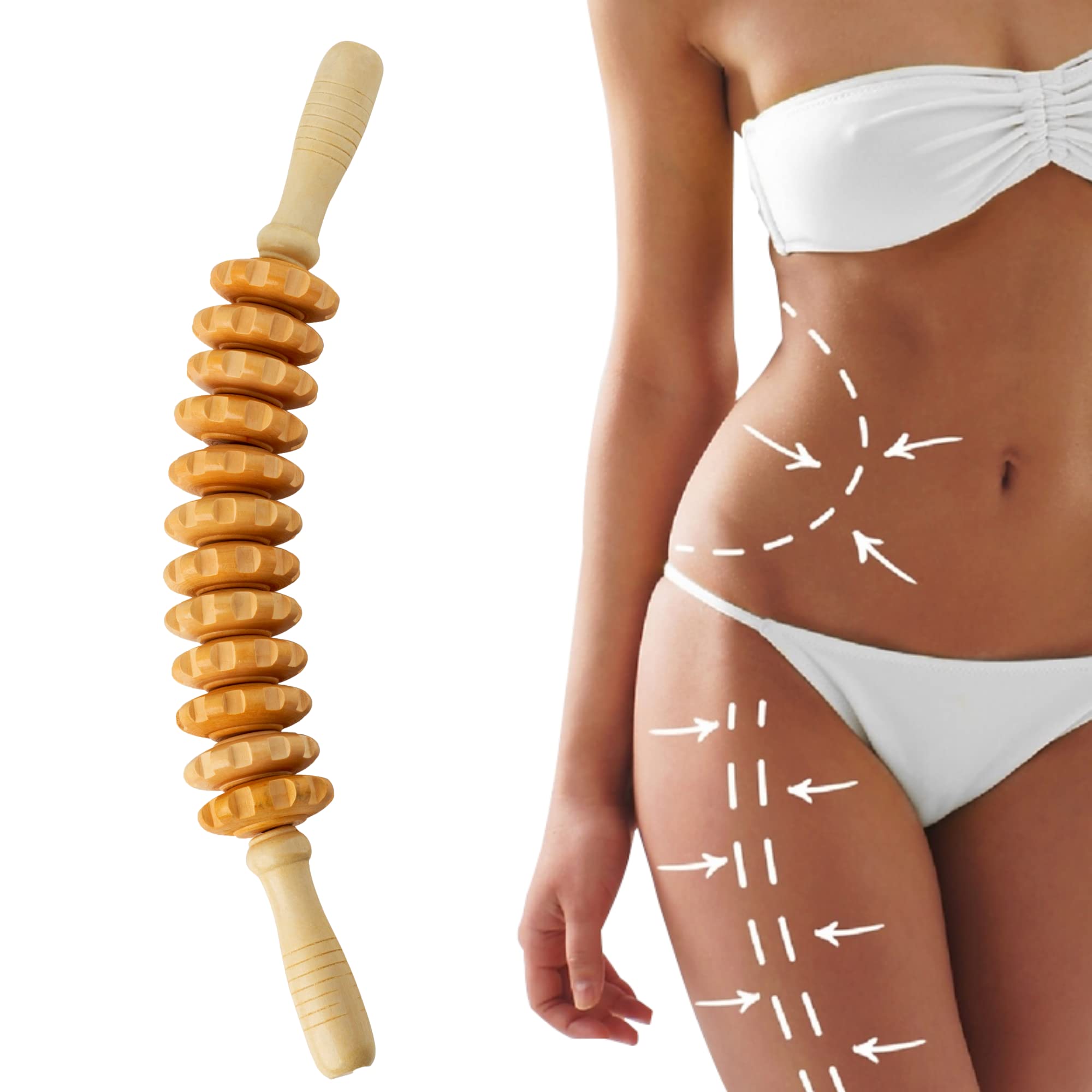 Mikako Curved Wood Therapy Massage Roller for Waist & Thigh - Body Shaping, Lymphatic Drainage, Cellulite Reduction & Muscle Relief - Perfect for Home Spa, Post-Workout Recovery & Self-Care Routine