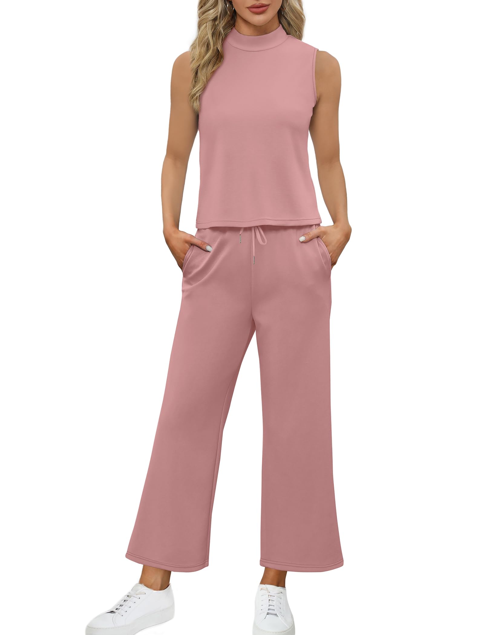 Stylish SAMPEEL Women's Two Piece Sets - Summer Lounge Outfits with Mock Neck Tops & Wide Leg Crop Pants | Perfect for Vacation, Travel & Casual Wear