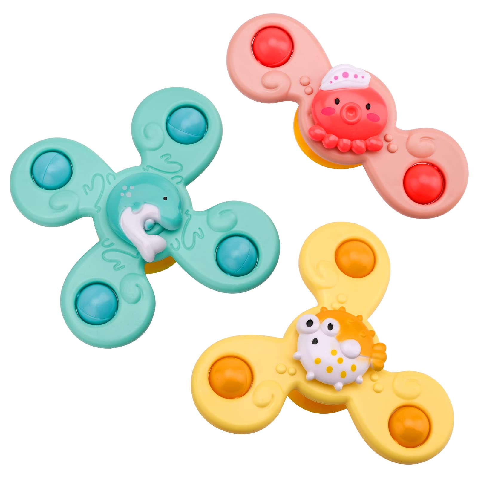 3-Piece Suction Cup Spinning Top Toy Set - Cartoon Ocean Spinner for Baby High Chair, Bathtub & Table Play - Sensory Rotation Game for Toddlers - Fun Developmental Gift for Kids (Dining, Bath Time & Sensory Play)