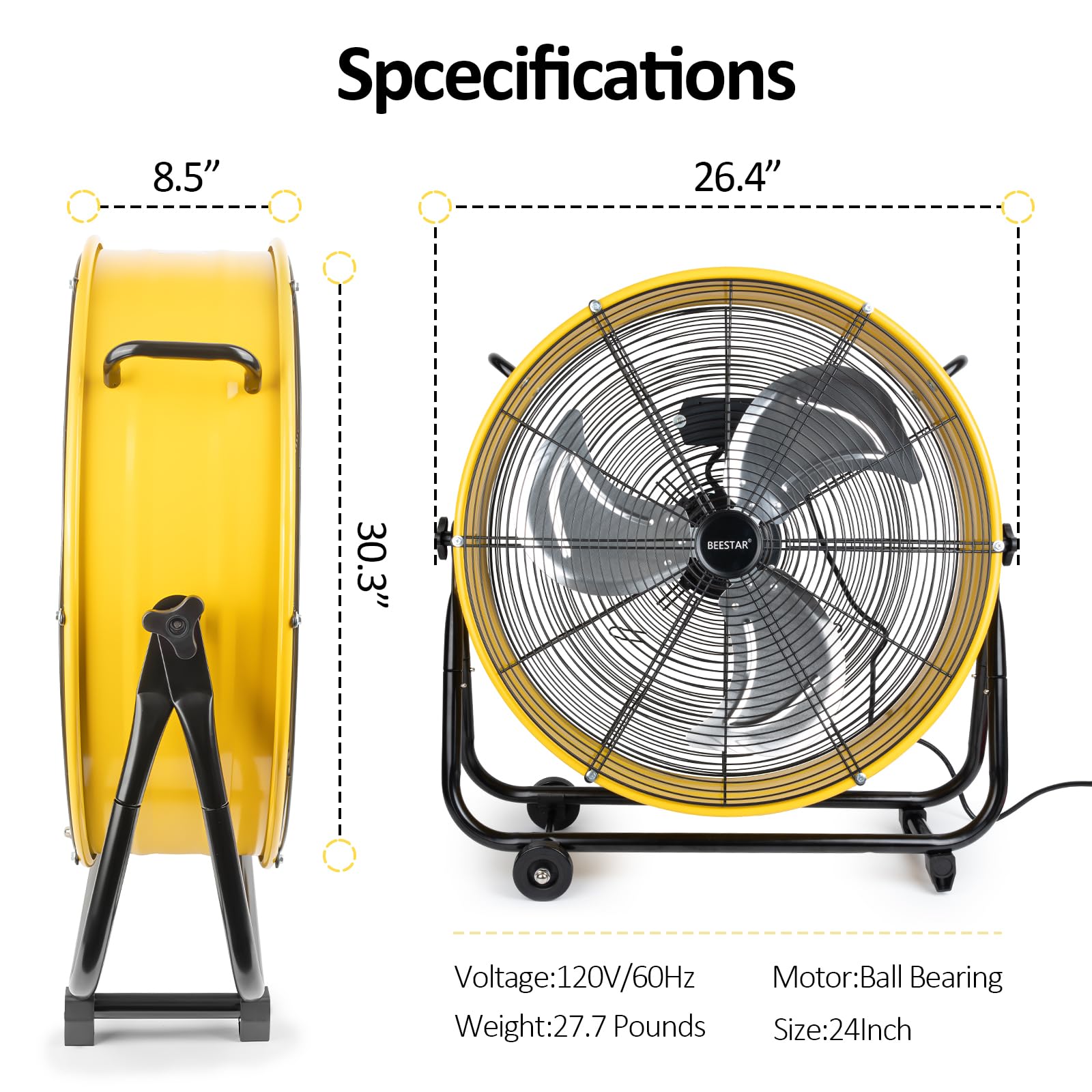 BEESTAR 24 Inch Industrial Drum Fan - High Velocity Heavy Duty Metal Fan 8800 CFM, 3 Speed Settings, 360° Tilt, 1/3 HP Motor - Large Cooling Fan for Garage, Warehouse, Greenhouse, Workshop, Basement & Commercial Use (24 INCH) - Perfect for Air Circulation, Ventilation & Cooling in Hot Environments