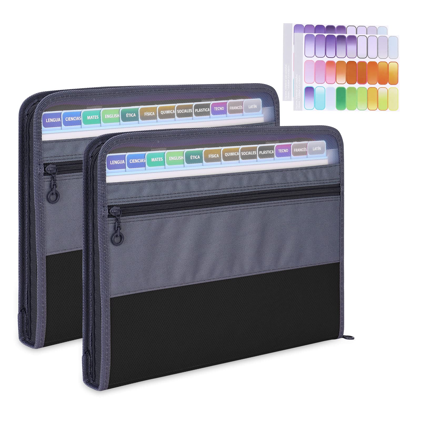MEGREZ 2 Pack A4 Expanding File Folder with 13 Pockets - Waterproof Zippered Accordion Organizer with Color Labels for Home Office Documents, School, Tax Records & Receipts (Black)
