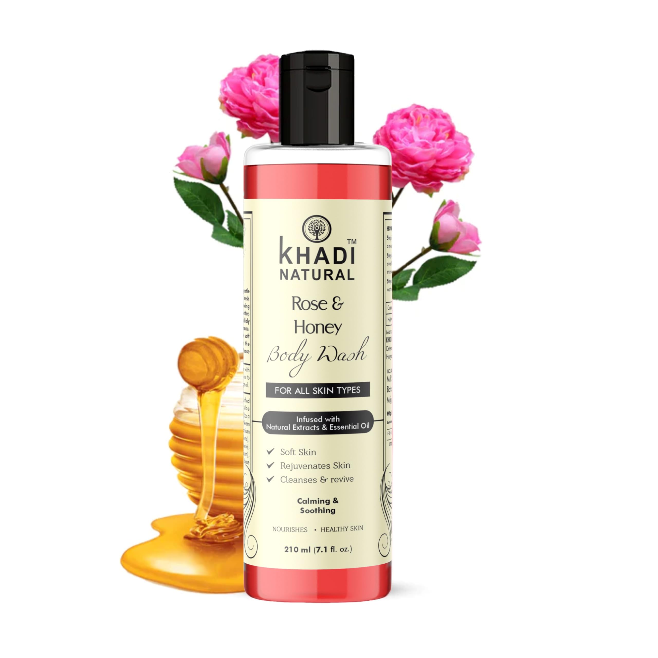 Khadi Natural Herbal Rose & Honey Body Wash - Sulfate & Paraben Free - 210ml | Moisturizing & Nourishing for Dry Skin | Perfect for Daily Shower & Spa Relaxation