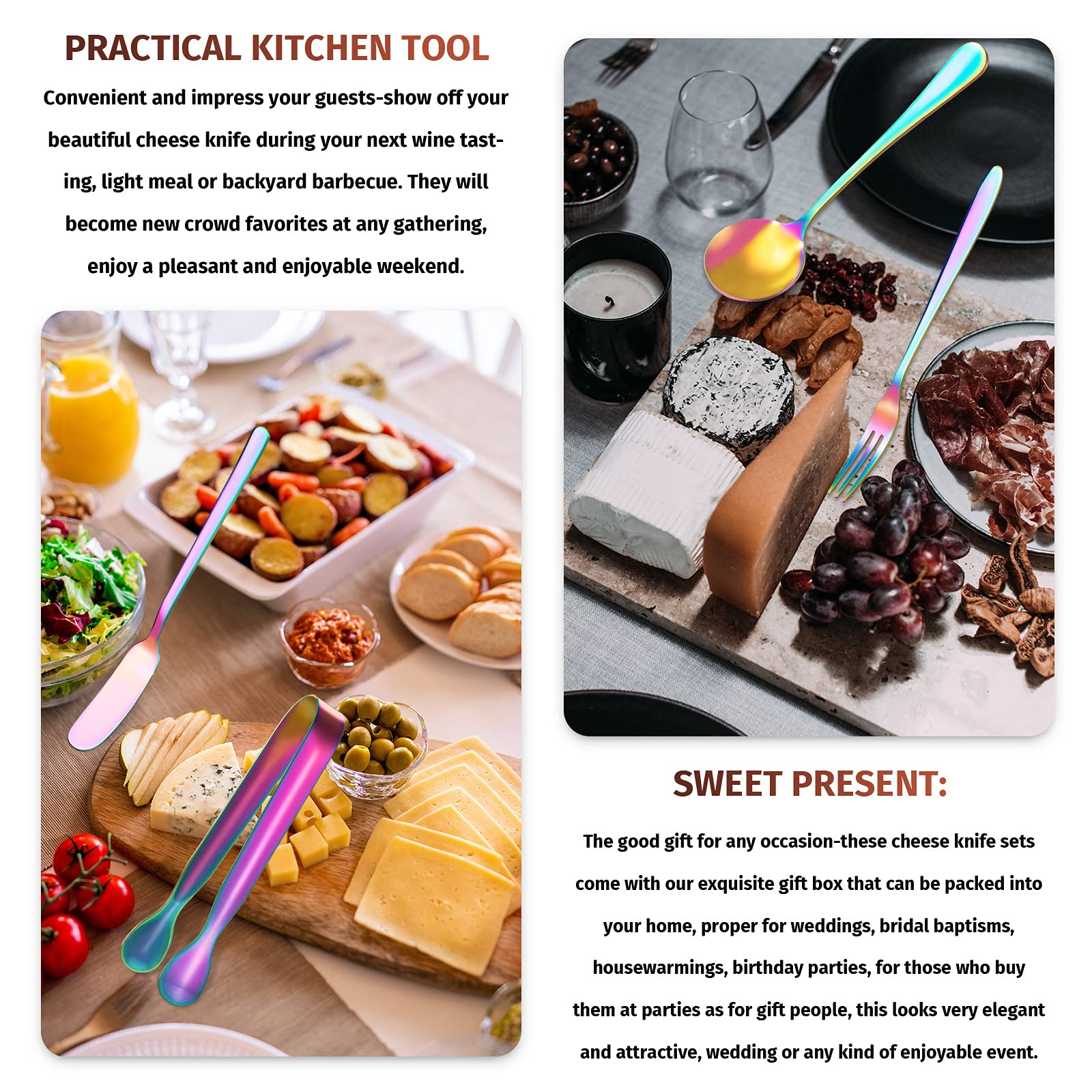 Premium Stainless Steel Cheese & Butter Spreader Knives Set - Charcuterie Board Accessories with Mini Serving Tongs, Spoons & Forks - Rainbow Color Appetizer & Pastry Utensils for Parties, Picnics & Entertaining