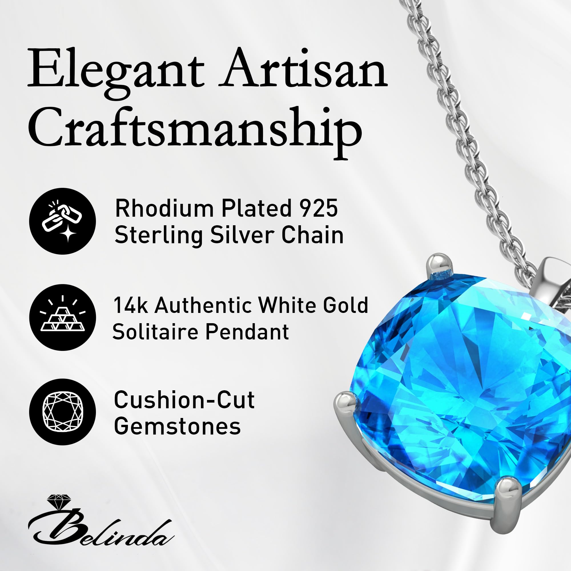 14K White & Yellow Gold Birthstone Pendant Necklace for Women - Sparkling Cushion Cut Gemstone with Sterling Silver Chain - Elegant Fine Jewelry Gift for Birthday, Anniversary & Special Occasions