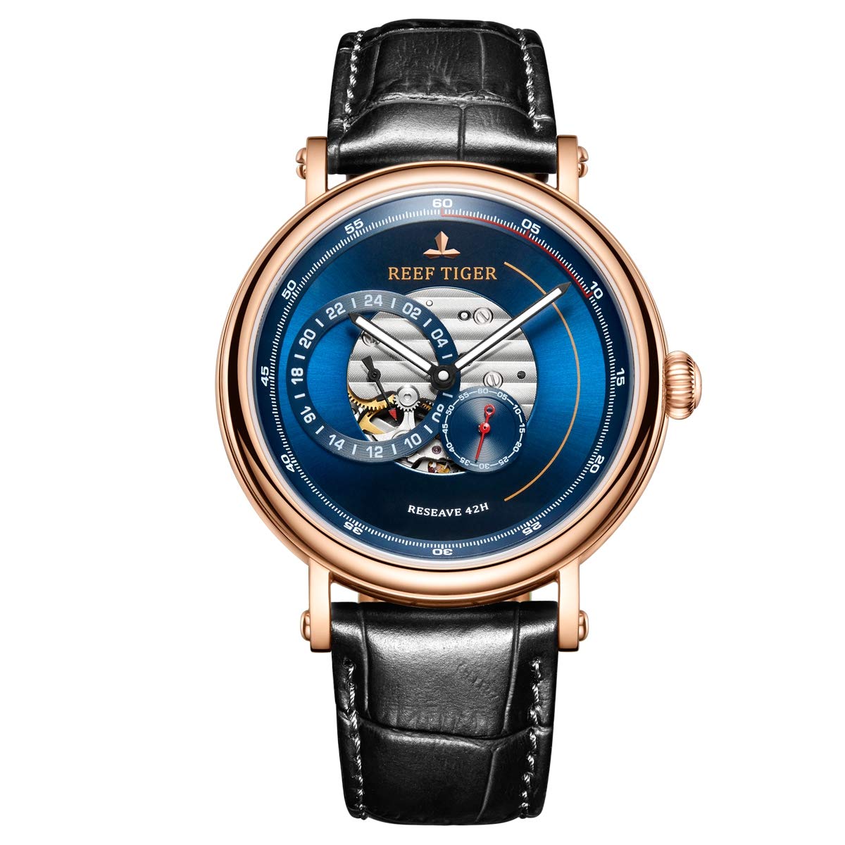 REEF TIGER Luxury Automatic Men's Watch - Blue Dial, Genuine Leather Strap, Water Resistant, RGA1617 Model - Perfect for Business, Formal Events & Gift Giving