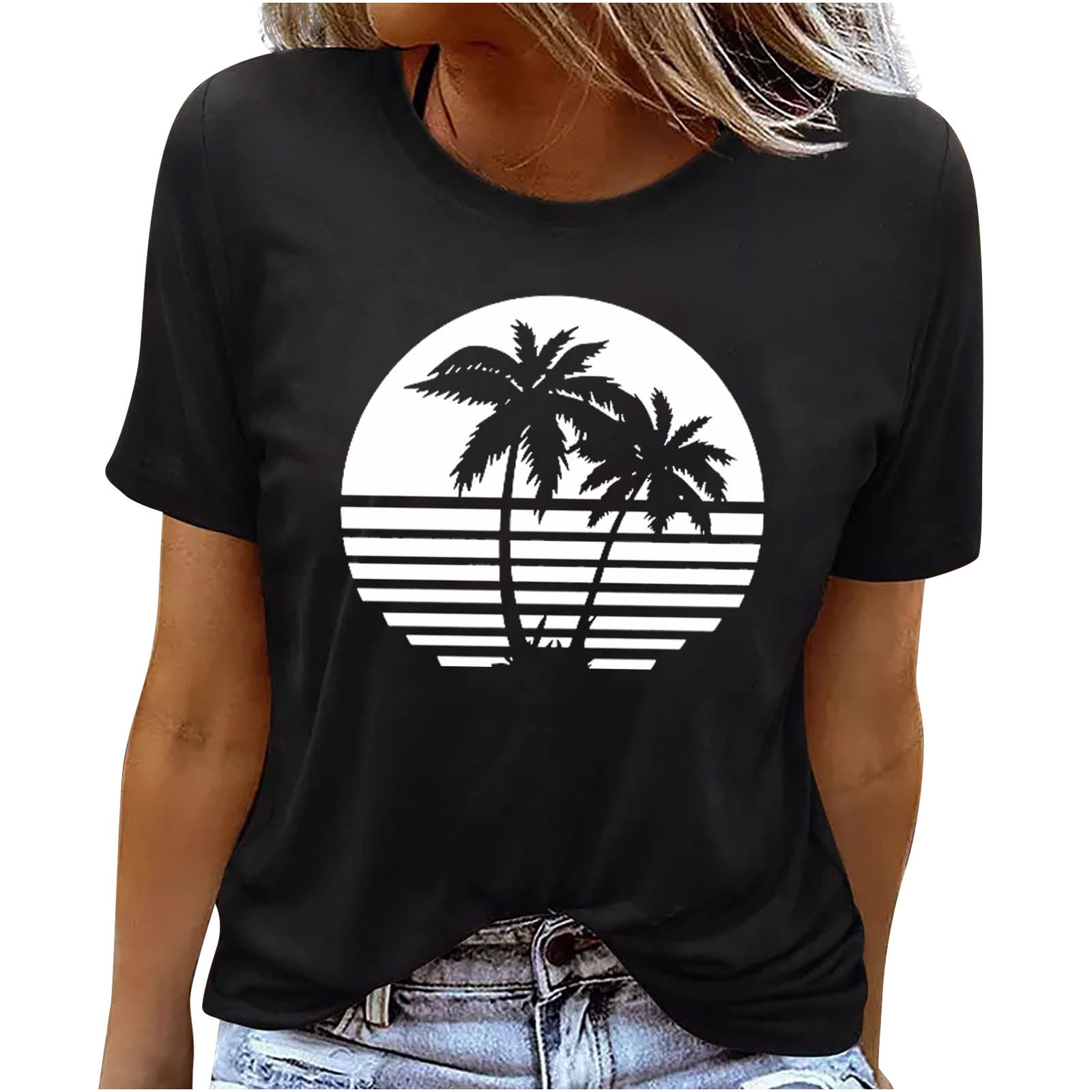 Women's Summer Black Graphic Tee 2022 - Casual Short Sleeve Crew Neck T-Shirt - Loose Fit Comfortable Trendy Tops for Everyday Wear, Beach Outings & Street Style