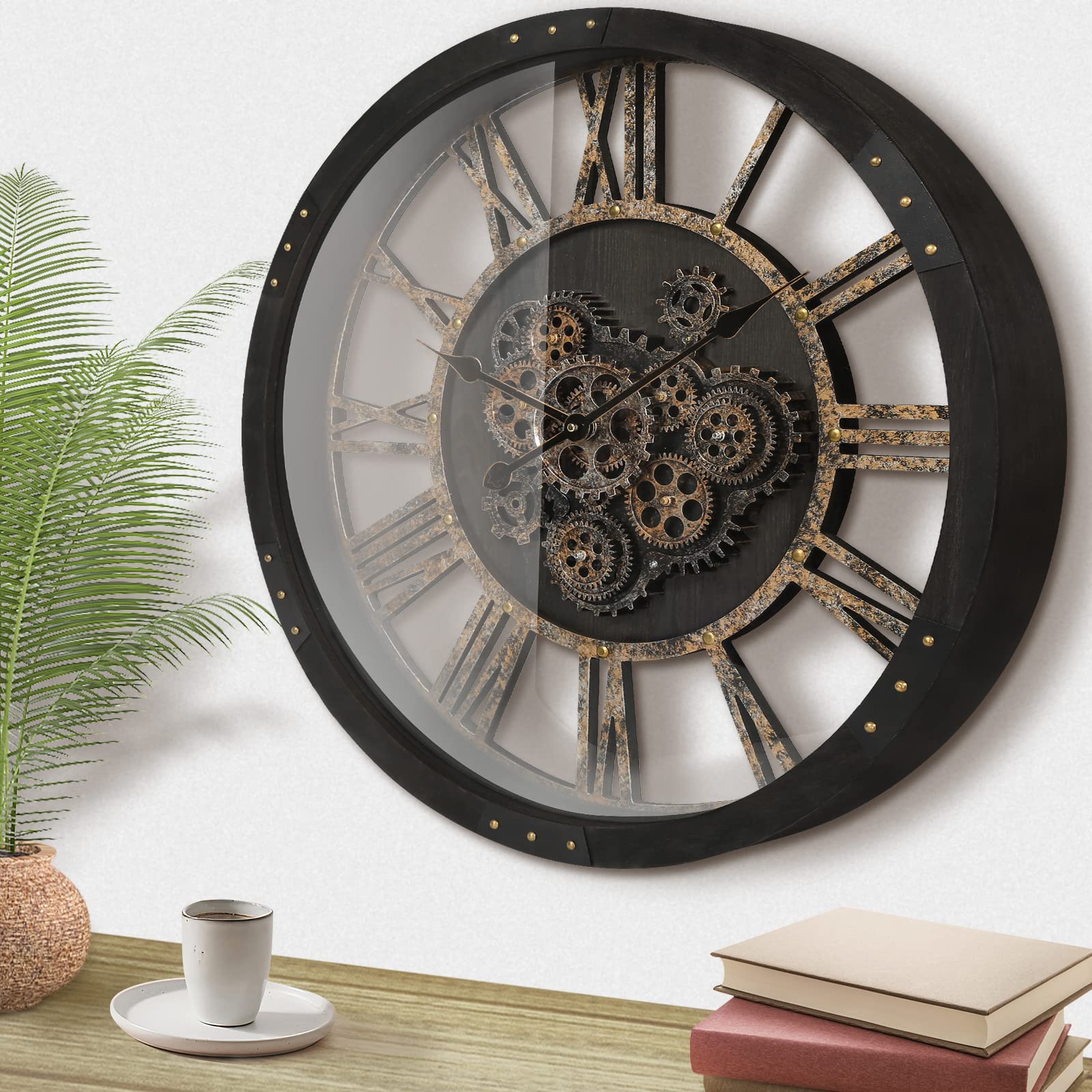 27 Inch Vintage Wood Steampunk Wall Clock - Large Decorative Clock for Living Room, Farmhouse, Office & Kitchen - Rustic, Retro & Industrial Style with Working Gears - Battery Operated - Perfect for Home Decor & Workspace Ambiance