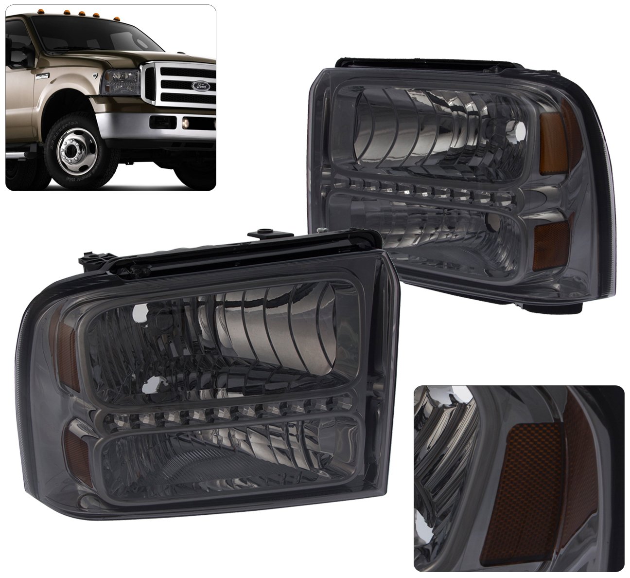 Amber LED Headlights for Ford F250 F350 F450 - Smoked Lens for Night Driving
