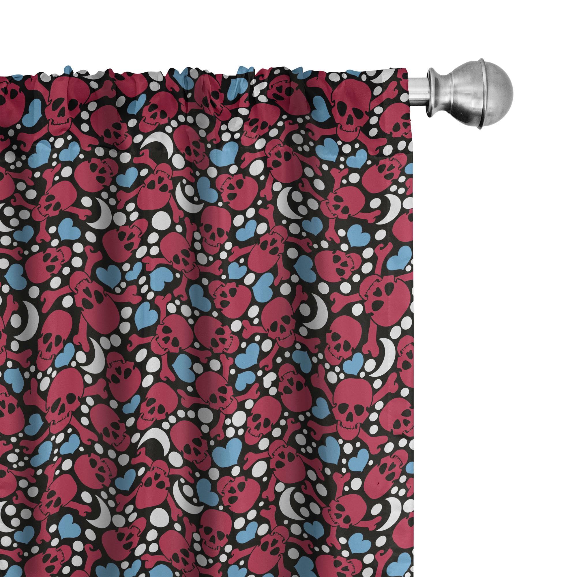 Ambesonne Gothic Skull Curtains - Black & Red Smiling Skulls with Hearts, Moons & Dots Print - 2 Panel Window Treatments (28x63 inches) for Living Room & Bedroom - Perfect for Halloween Decor, Horror Theme Rooms & Gothic Home Decor