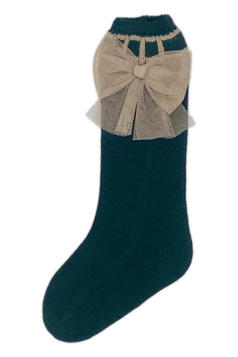 Stylish Bottle Green & Camel Knee High Bow Socks for Women - Fashionable Crew Socks for Outfits, Work, and Casual Wear
