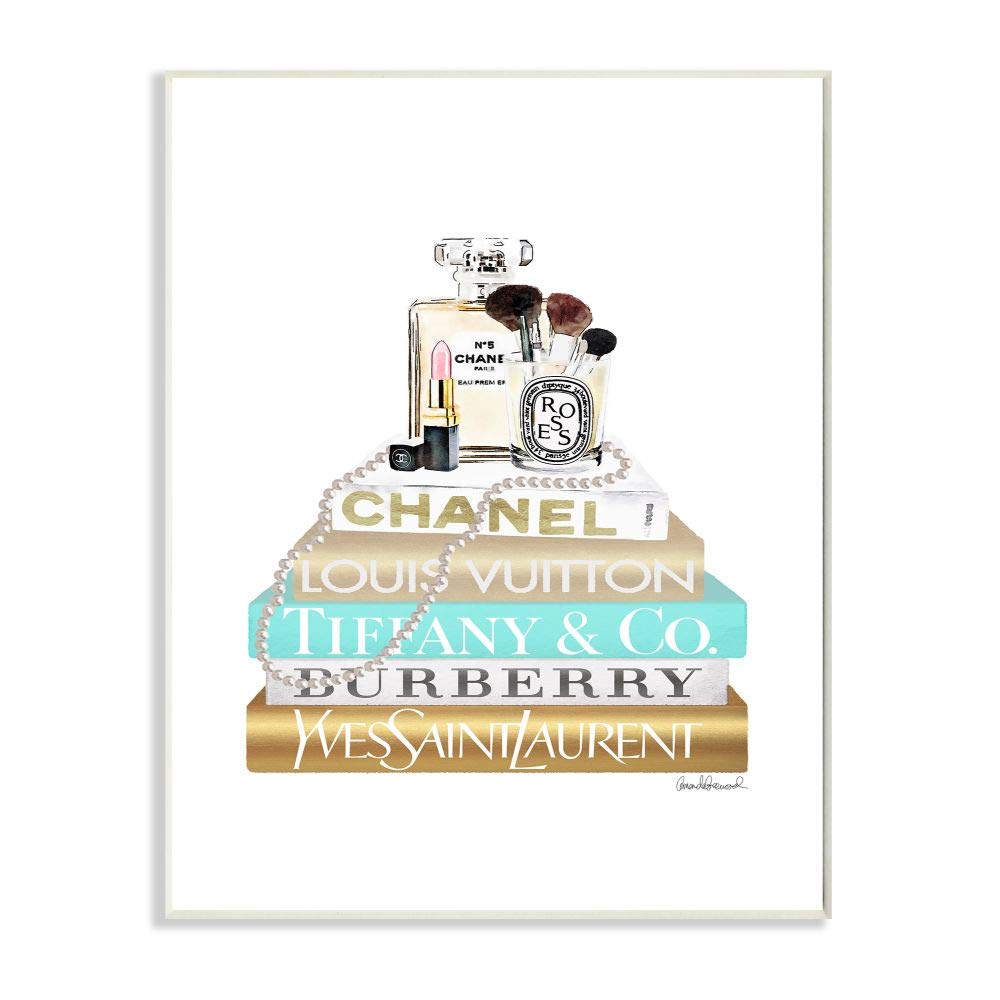Stupell Industries Gold & Blue Perfume Bookstack Glam Fashion Wall Art Plaque - 10x15 Inches, Designed by Amanda Greenwood - Perfect for Bedroom, Living Room & Office Decor