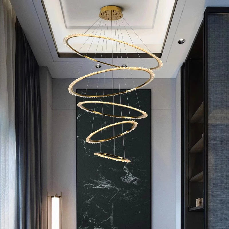 Crystal LED Staircase Chandelier - Elegant Modern Lighting Fixture for Stairwell, Foyer & Entryway | Dimmable Ring Design for Home Decor & Luxury Interior Design