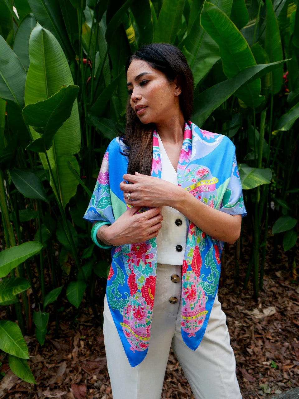 Luxury Peranakan Bricolage Silk Scarf - Premium Handmade Batik Shawl for Women, Elegant Fashion Accessory for Parties, Weddings & Special Occasions