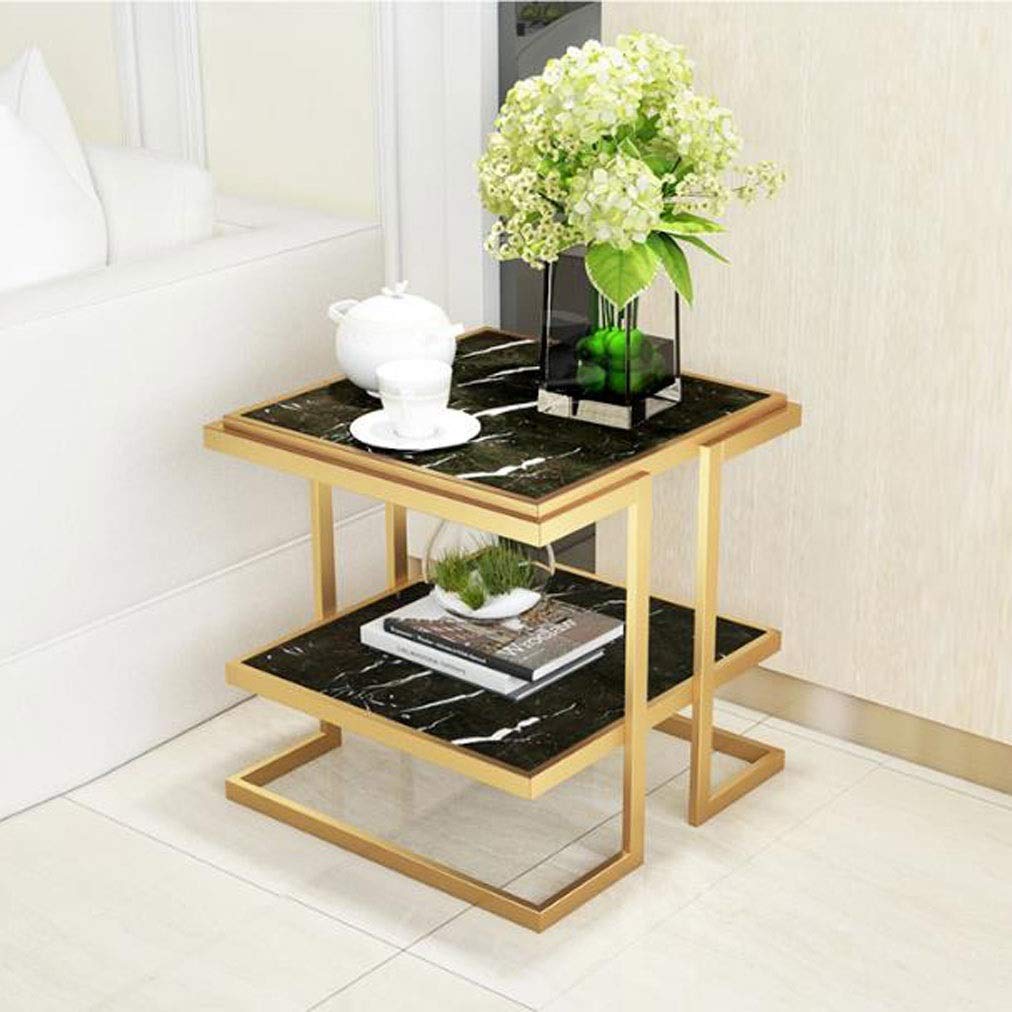 Black Marble End Table - 2 Tier Nightstand & Coffee Table for Bedroom & Living Room (53x53cm) | Modern Side Table with Storage Shelf for Small Spaces & Home Decor