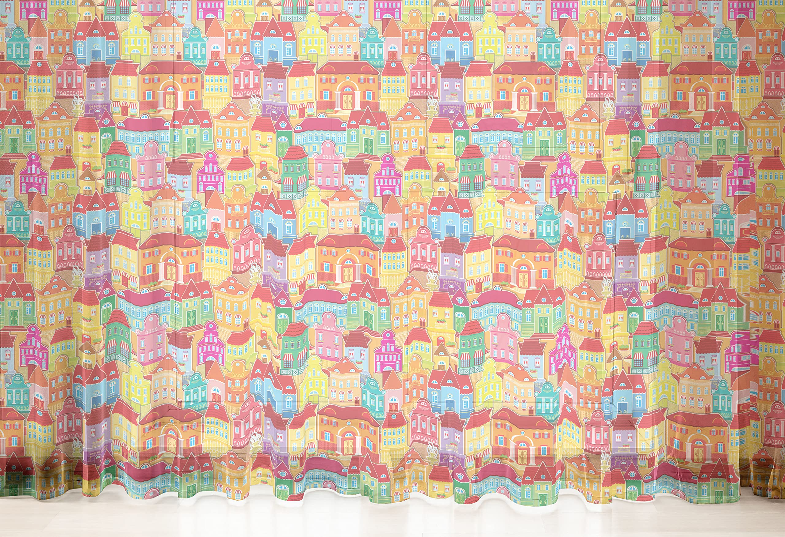 Ambesonne Cityscape Cartoon Tulle Curtains - Urban Architecture Design with Pillars & Fountains - 108