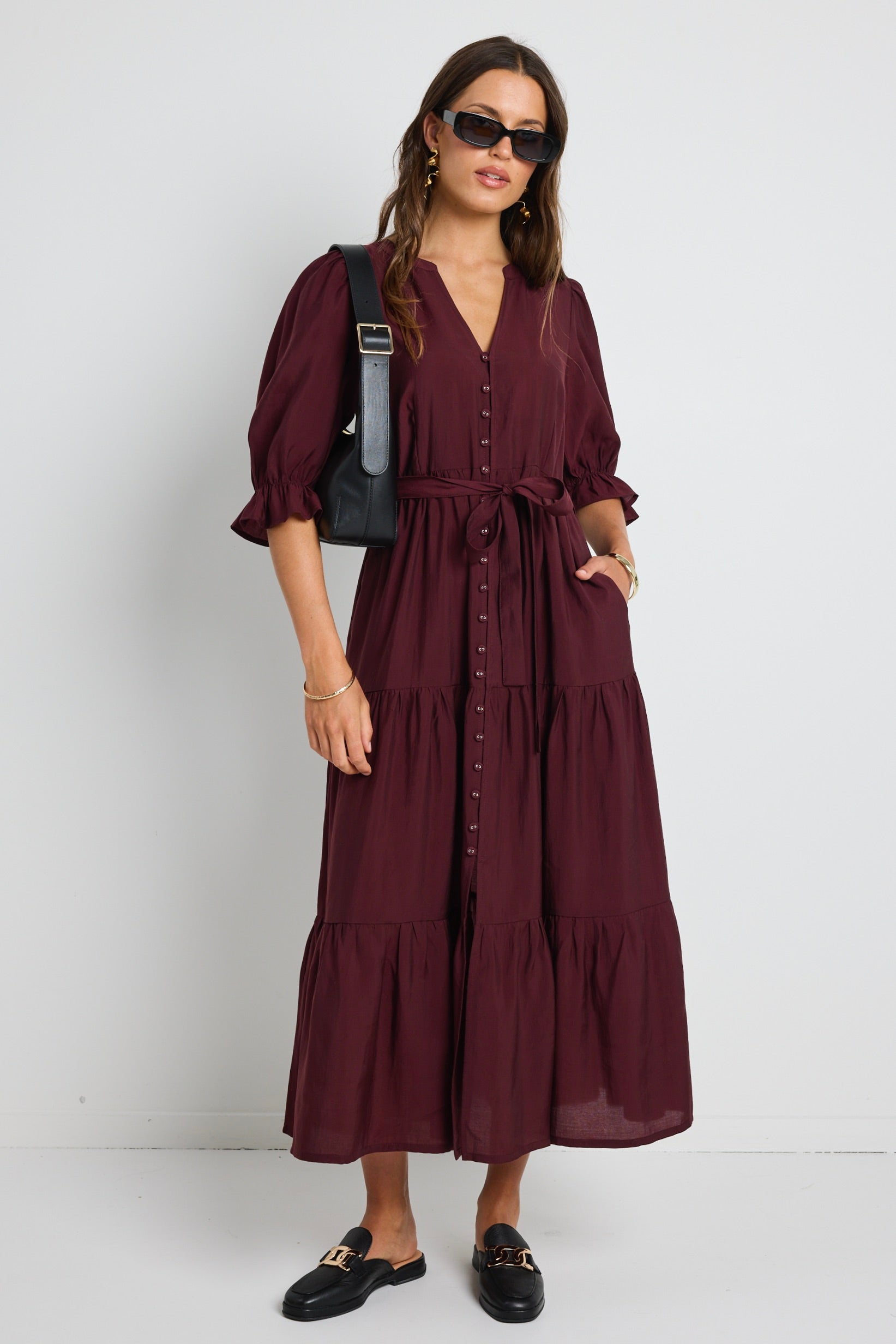 Burgundy Plum SS Button Front Tiered Maxi Dress for Women - Elegant Summer Casual Dress with Flowy Skirt - Perfect for Beach Vacations, Date Nights & Outdoor Parties