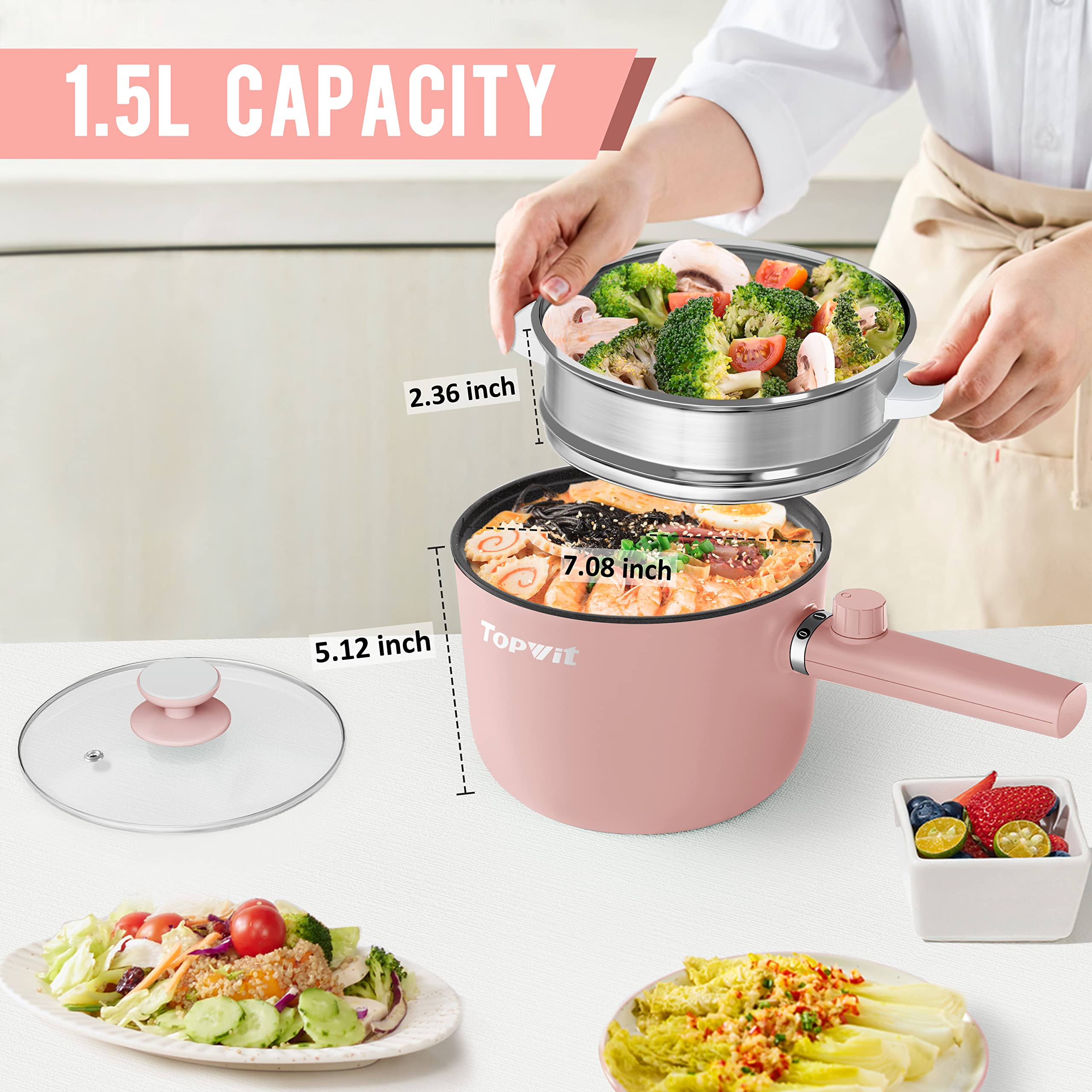 Topwit 1.5L Electric Hot Pot with Steamer - Multi-Functional Non-Stick Ramen Cooker & Pasta Pot, BPA Free, Dual Power Control, Overheat Protection - Perfect for Dorm, Office, Camping & Small Kitchen Cooking