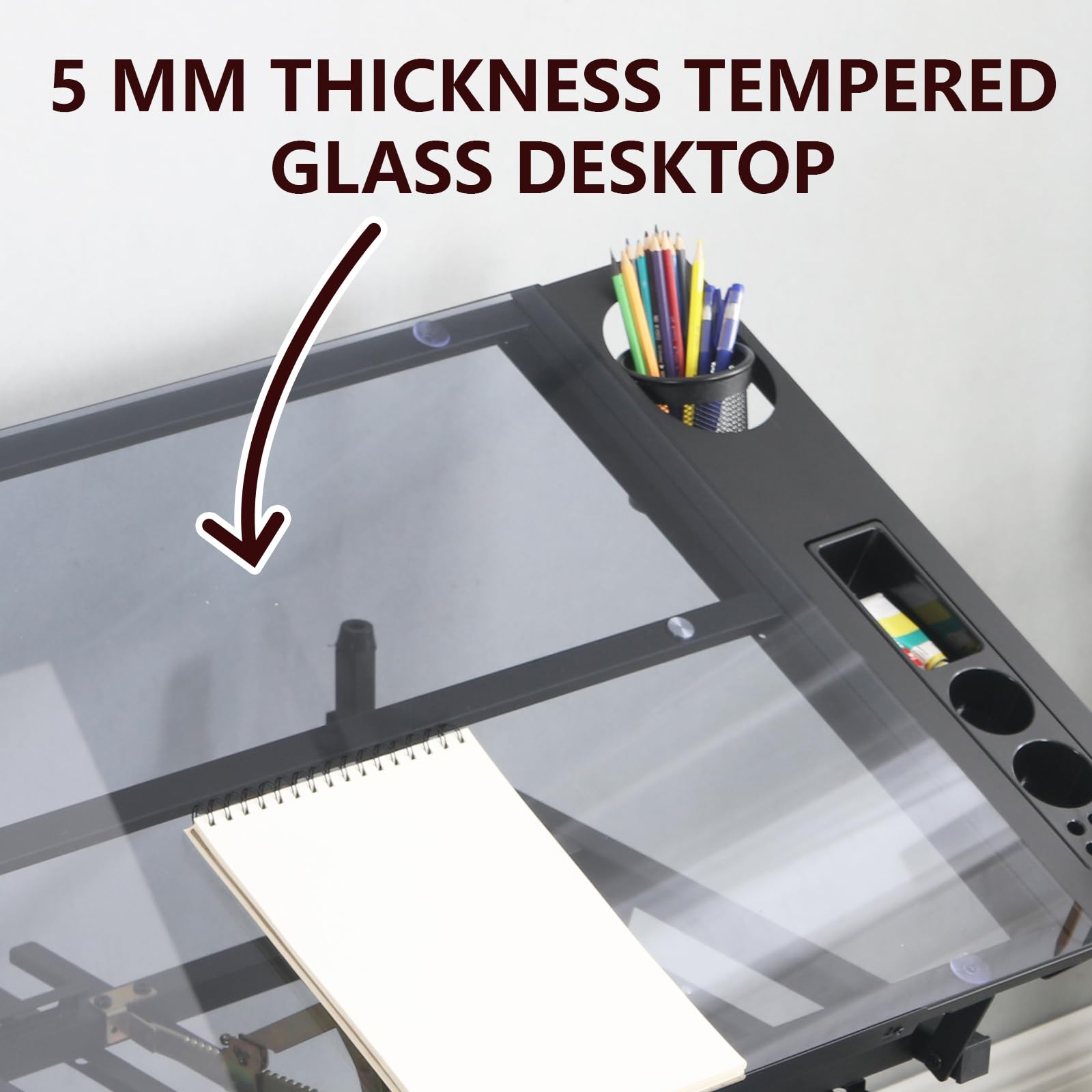 Adjustable Drafting Table with Stool Set - Tempered Black Glass Art Desk for Drawing, Painting & Sketching - Ergonomic Height & Angle Adjustments for Artists, Designers & Home Office Use