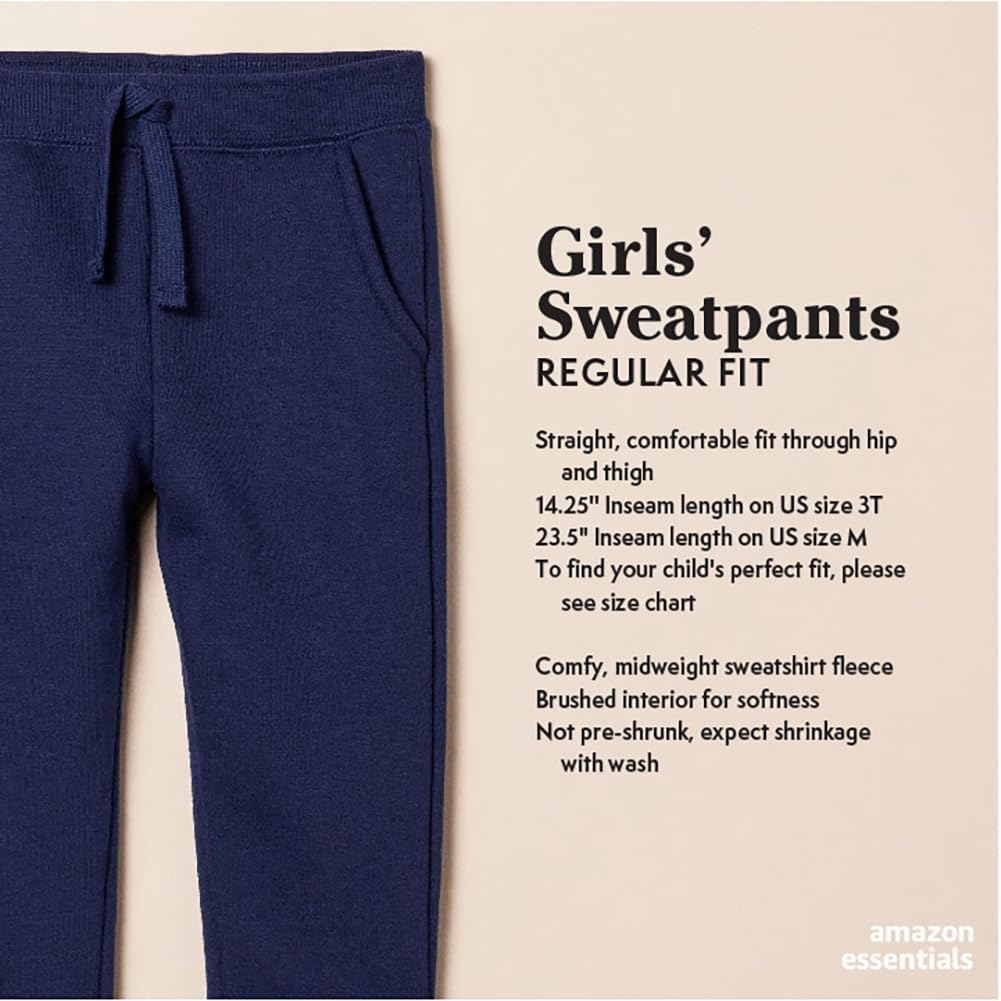 Amazon Essentials Girls and Toddlers' Sweatpants - Soft Cotton Joggers with Elastic Waistband, Multipack (2/3/4-Pack) for Playtime, School & Casual Wear