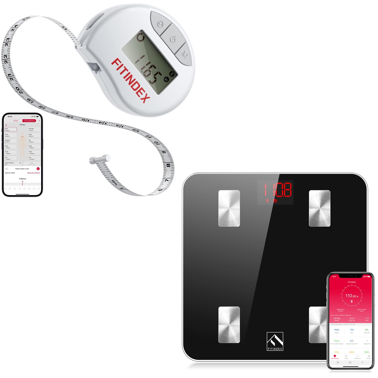 FITINDEX Smart Digital Scale for Body Weight, Fat Percentage, BMI & Muscle Mass - Bluetooth Body Composition Analyzer with Smart Tape Measure for Home Gym, Fitness Tracking & Health Monitoring