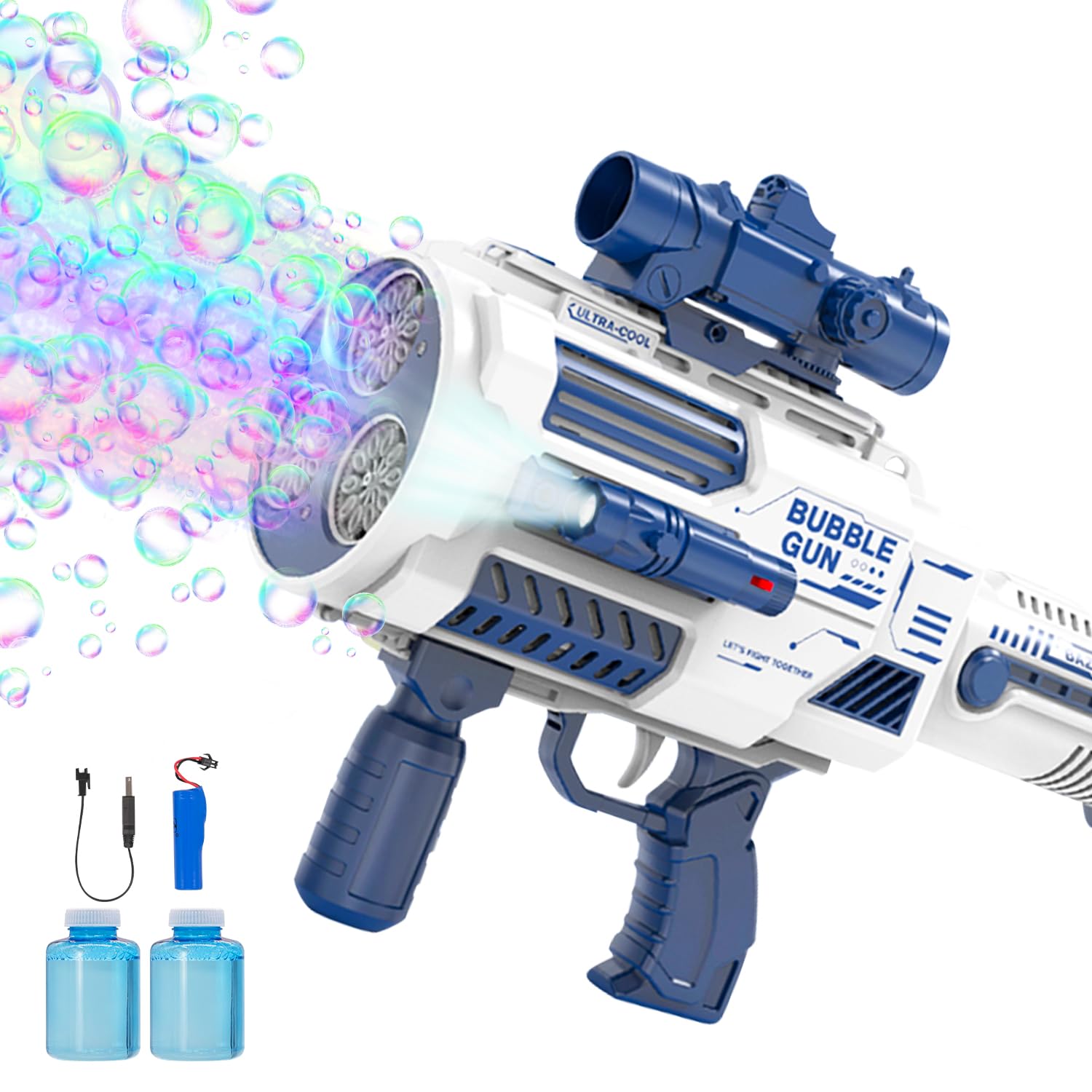 Automatic Bubble Gun with Built-in Bubble Solution (4.4 oz) - 3 Fan Powered Bubble Blower Machine with 6X Lens - Perfect for Summer Outdoor Parties, Birthdays, Weddings & Kids Play (Great Gift Idea for Boys & Girls)