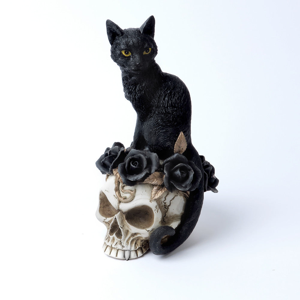 Gothic Black Cat Roses and Skull Statue - Unique Home Decor for Halloween, Gothic Room & Dark Aesthetic Lovers