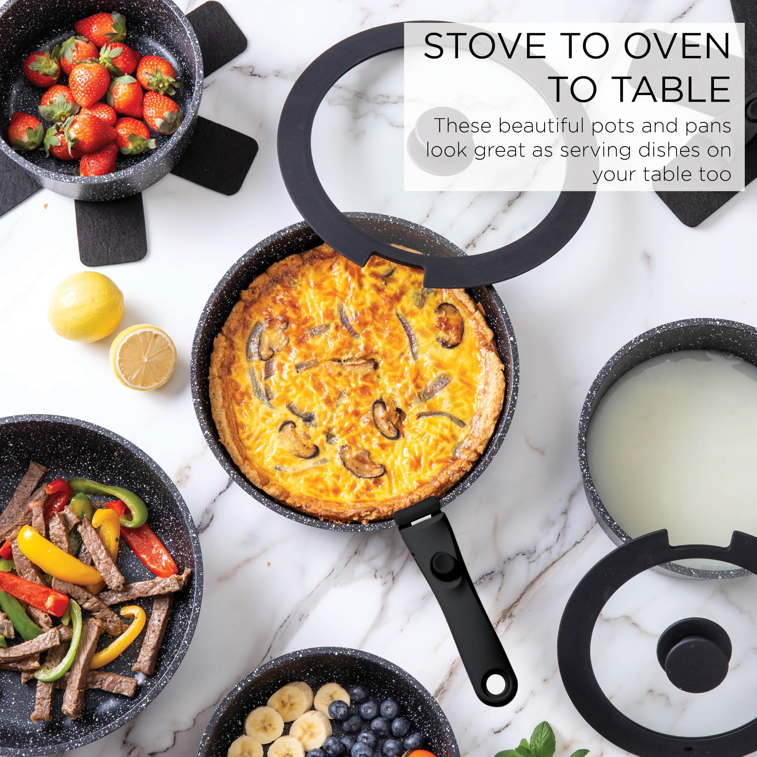 Premium Black Country Kitchen Cookware Set - 12-Piece Nonstick Pots & Pans with Removable Oven-Safe Handles, RV & Camping Friendly - Perfect for Home Cooking, Baking & Outdoor Adventures