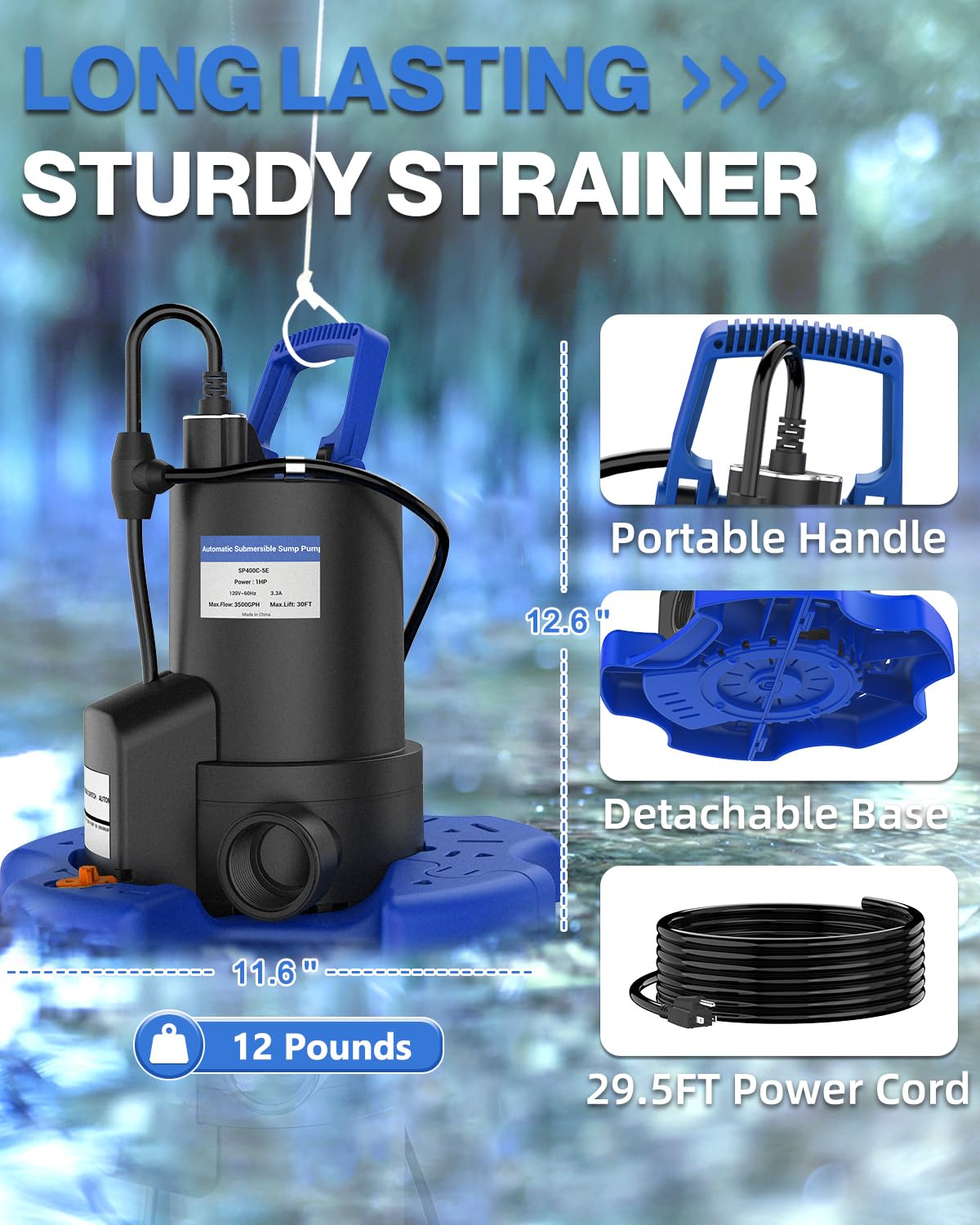 1 HP 3500 GPH Automatic Pool Cover Pump - Submersible Water Pump with Check Valve & 3 Adapters, 29.5FT Cord - Above Ground Automatic On/Off System, Sump for Basement Floods, Ponds, Spas & Pool Maintenance - Perfect for Home, Garden & Water Feature Applications