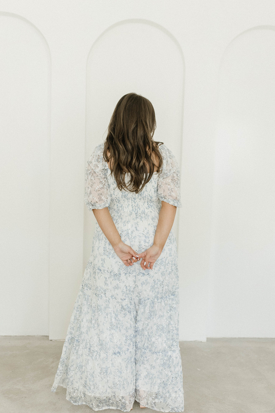 Blue and White Floral Daphne High Slit Eyelet Detail Maxi Dress - Plus Size & Inclusive Sizing - Perfect for Beach Vacations, Summer Parties & Boho Weddings