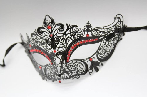 Elegant Red Metal Laser Cut Masquerade Mask with Diamonds - Venetian Ball Mask for Halloween, Costume Parties & Mardi Gras Celebrations