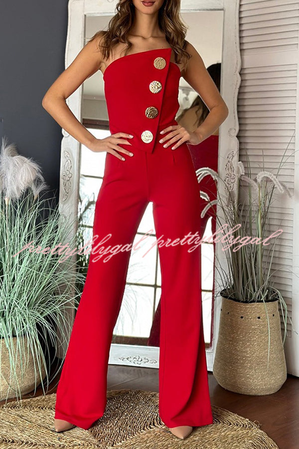 Solid Color Sexy Tube Top Gold Button Embellished Bootcut Jumpsuit for Women | Elegant One-Piece Romper with Metallic Accents | Perfect for Night Out, Party & Special Occasions
