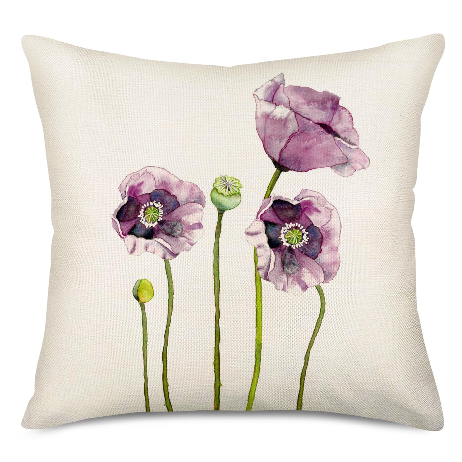 **Asminifor 18x18 Inch Purple Poppy Flower Throw Pillow Covers - Cotton Linen Decorative Cushion Case for Sofa, Bed, Living Room (Floral-Purple)**