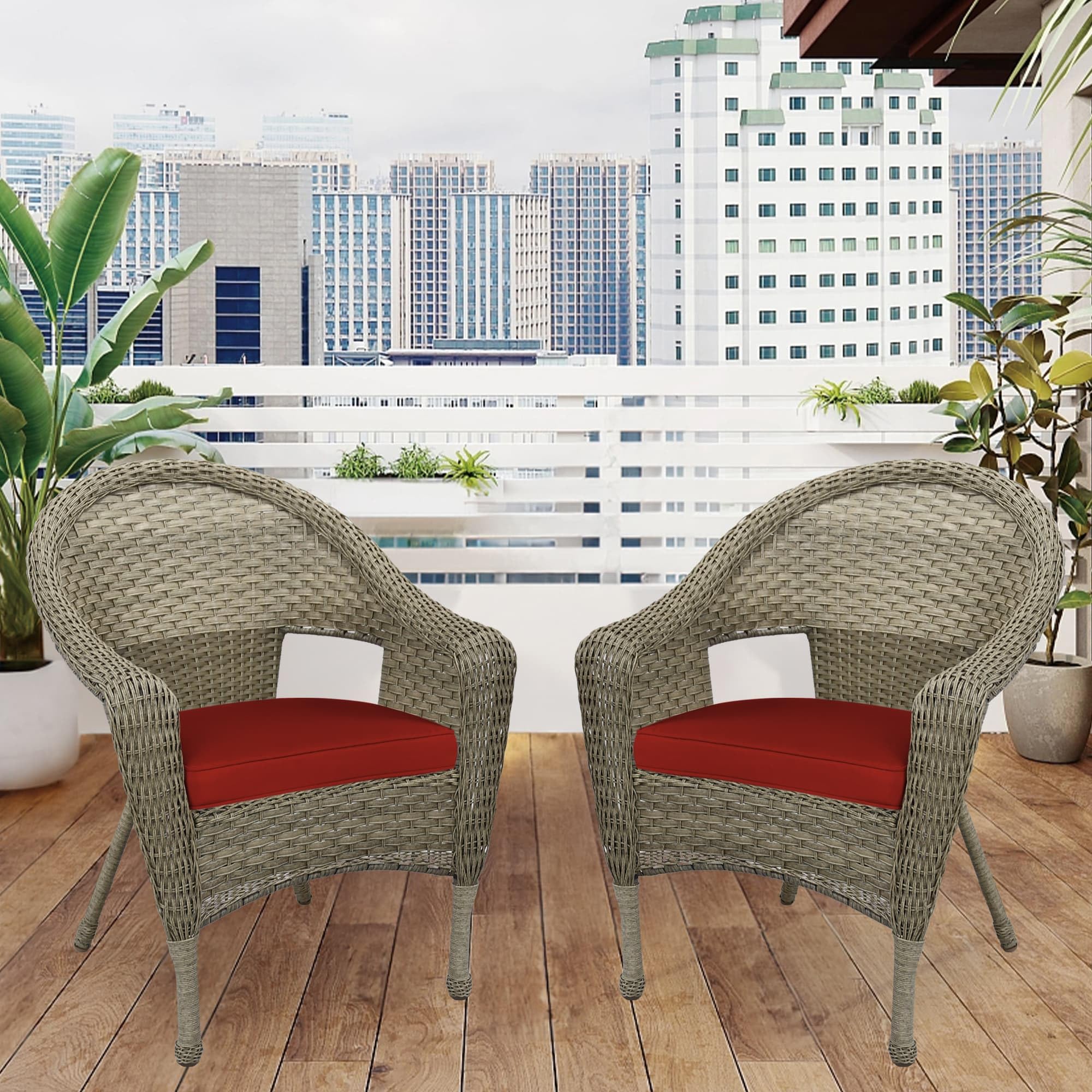 Jeco W00402G_2-FS018 Set of 2 Outdoor Resin Wicker Clark Single Chairs with Grey Frame & Brick Red Cushions - Patio, Garden, Poolside Furniture for Relaxing