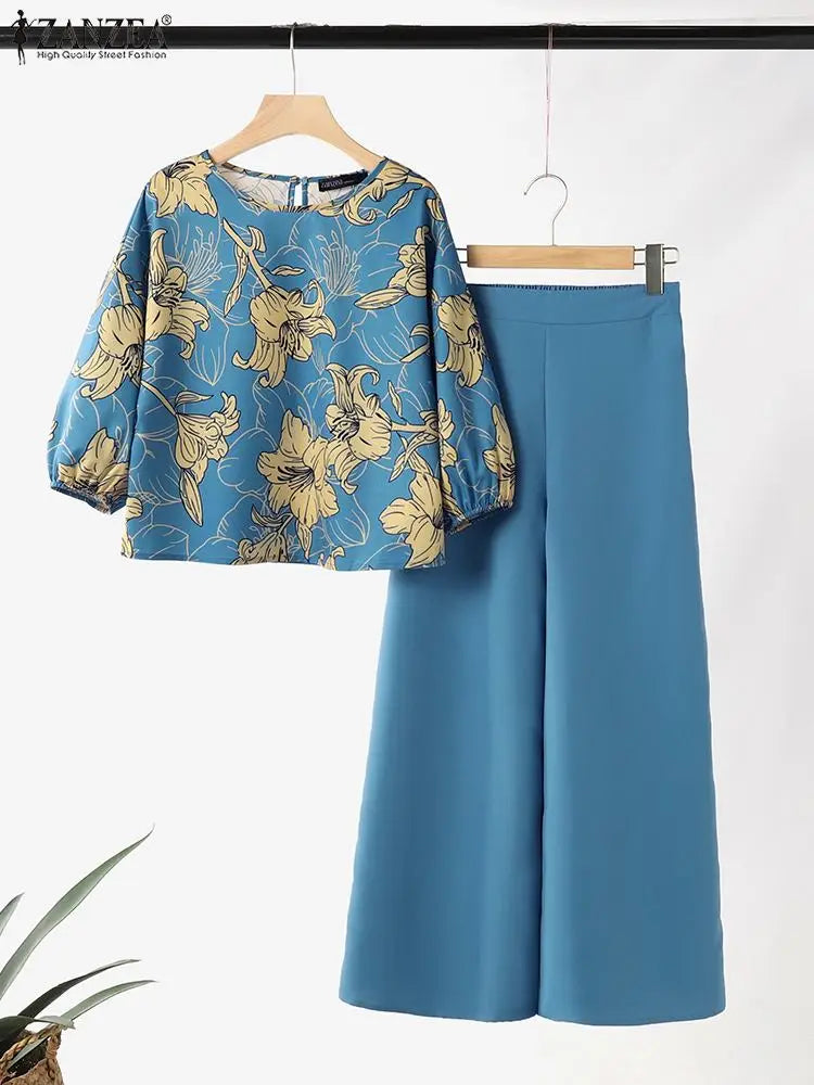 Stylish Women's 3/4 Sleeve Blouse & Wide Leg Pant Suit Set - ZANZEA 2-Piece Casual Printed Tracksuit for Summer | Perfect for Office Wear, Vacation Outfits & Casual Street Style