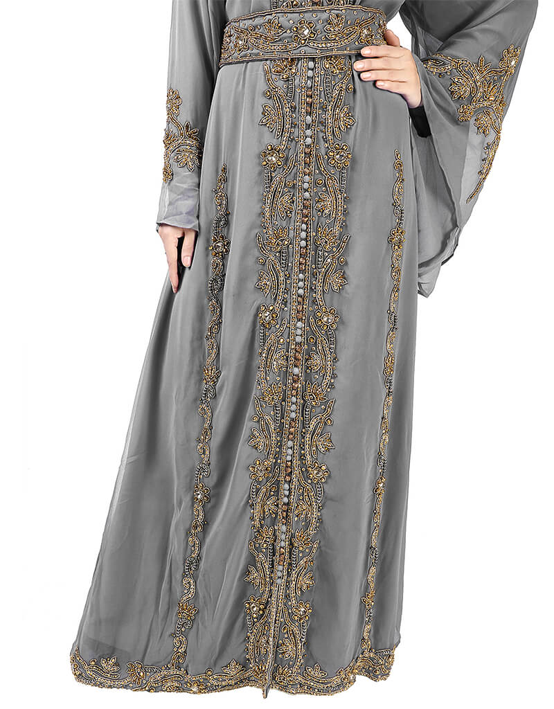 Elegant Arabic Grey Georgette Kaftan with Pearl Embroidery - Perfect for Weddings, Parties & Special Occasions