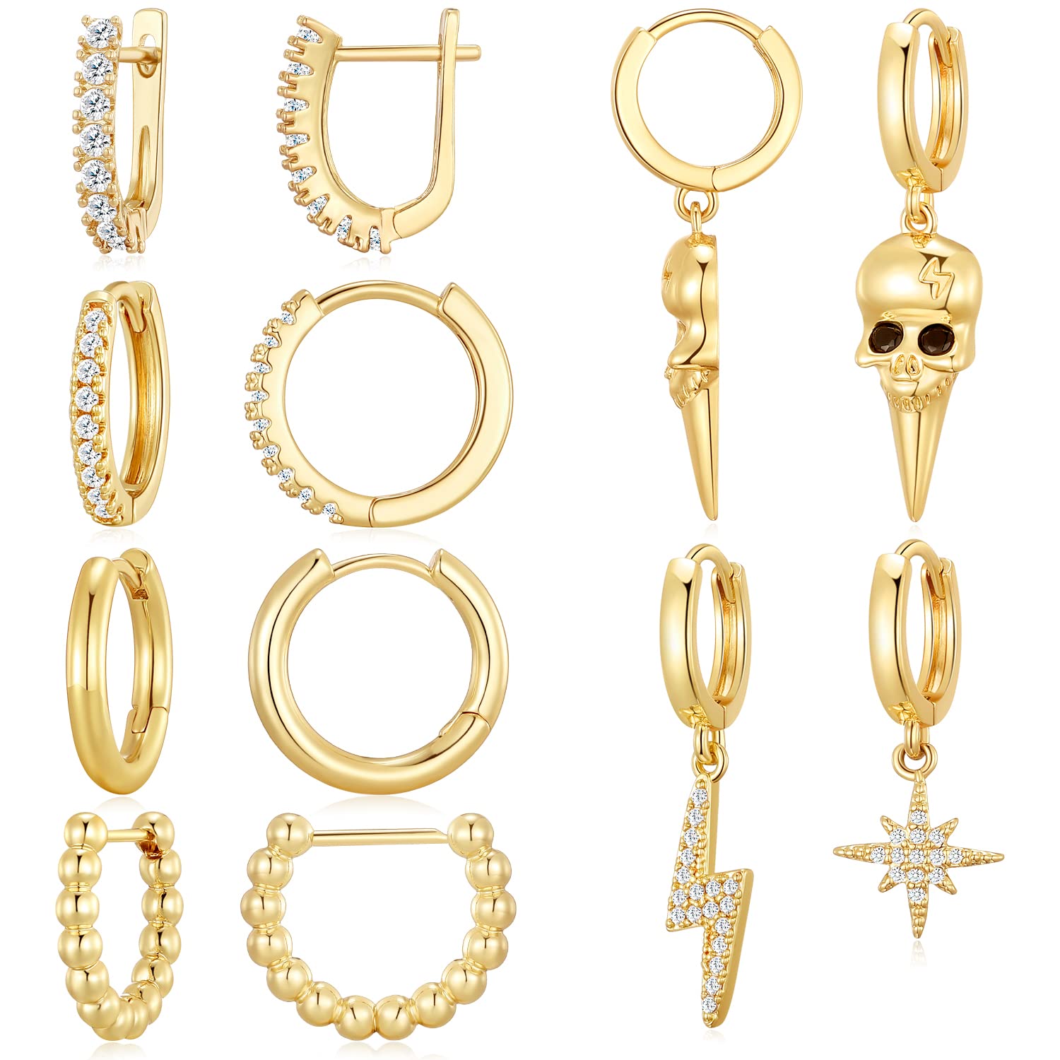 Dreamfox 6/8 Pairs Small Huggie Hoop Earrings for Women - Hypoallergenic 14K Gold Plated Simple Stud Earrings Set - Perfect Christmas Gift for Everyday Wear, Parties & Special Occasions