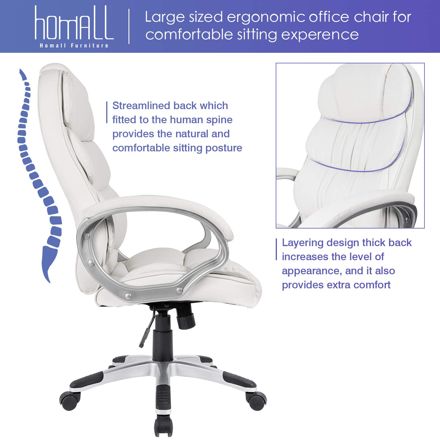 Homall High Back Office Chair - Ergonomic PU Leather Executive Desk Chair with Adjustable Height, Swivel Base, Padded Armrests & Lumbar Support for Home & Office Workspace (White) - Perfect for Long Hours Computer Work, Gaming & Conference Rooms