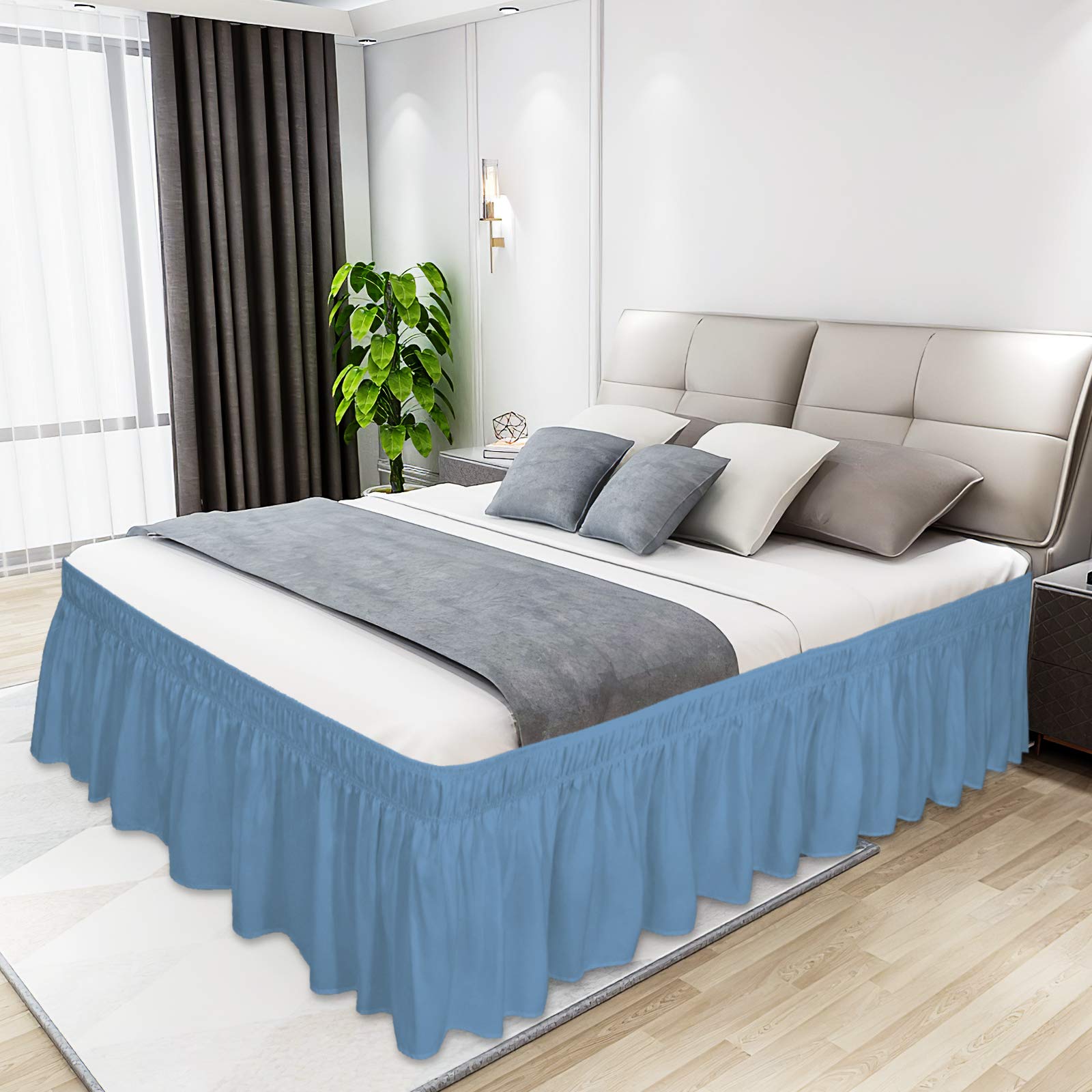 16 Inch Drop Light Blue Elastic Wrap Around Bed Skirt for Queen Size Beds - Wrinkle & Fade Resistant Silky Luxurious Fabric, Easy Fit Machine Washable Dust Ruffle - Perfect for Master Bedrooms, Guest Rooms & Hotel Decor