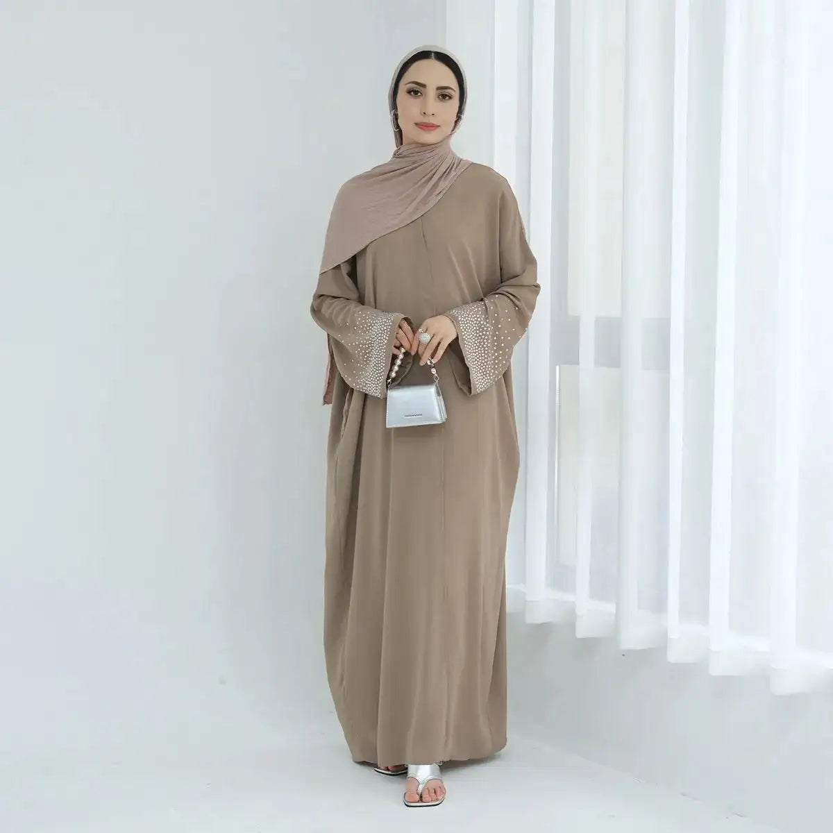 Hotfix Rhinestone Sleeve Nida Cardigan Open Abaya Dress for Women - Elegant Embellished Long Cover Up for Parties, Weddings & Special Occasions