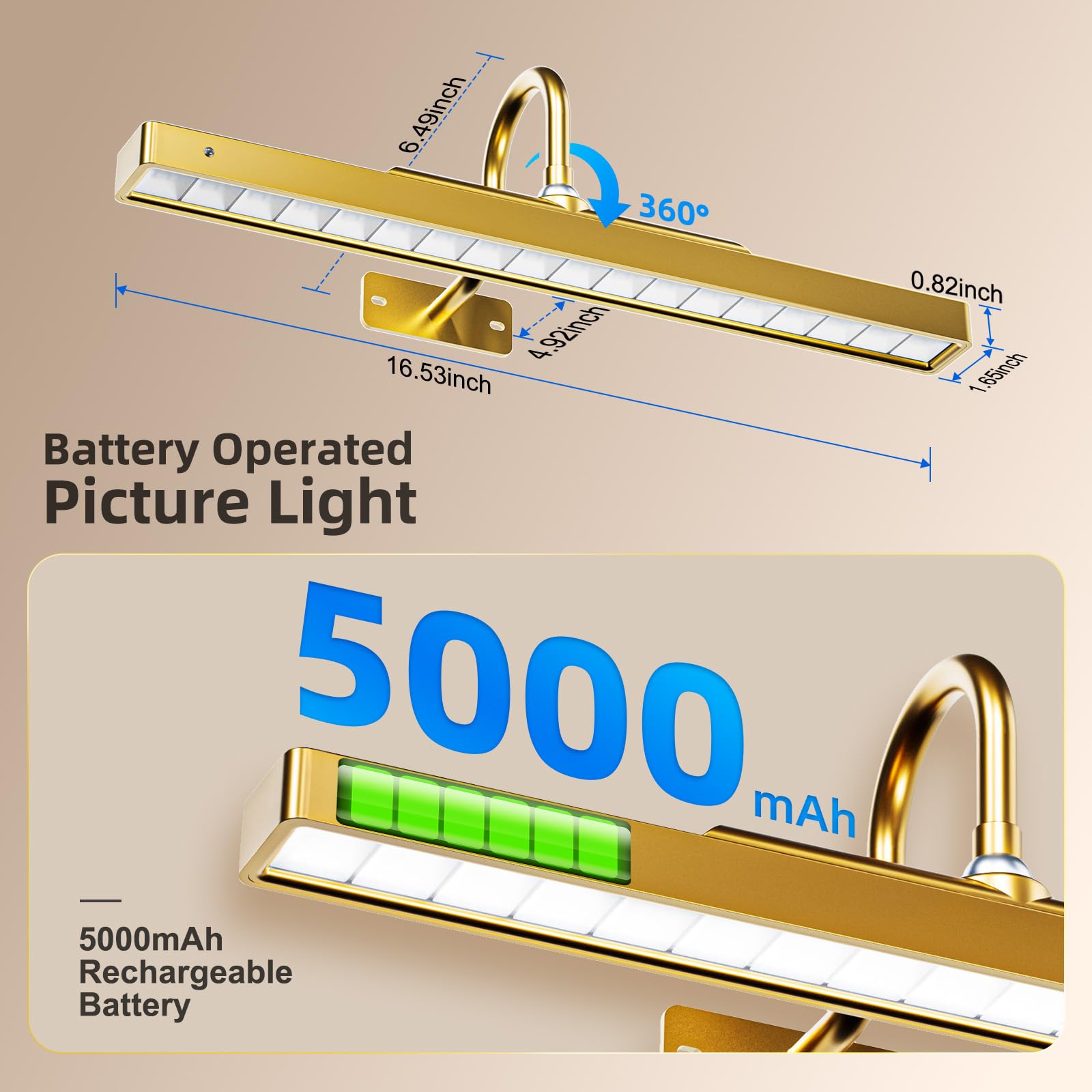Brightown 16-Inch Battery Operated Picture Light for Paintings & Wall Art - 5000mAh Wireless Remote Control with Timer & Dimmable LED - Gold Finish - Perfect for Galleries, Museums, and Home Decor