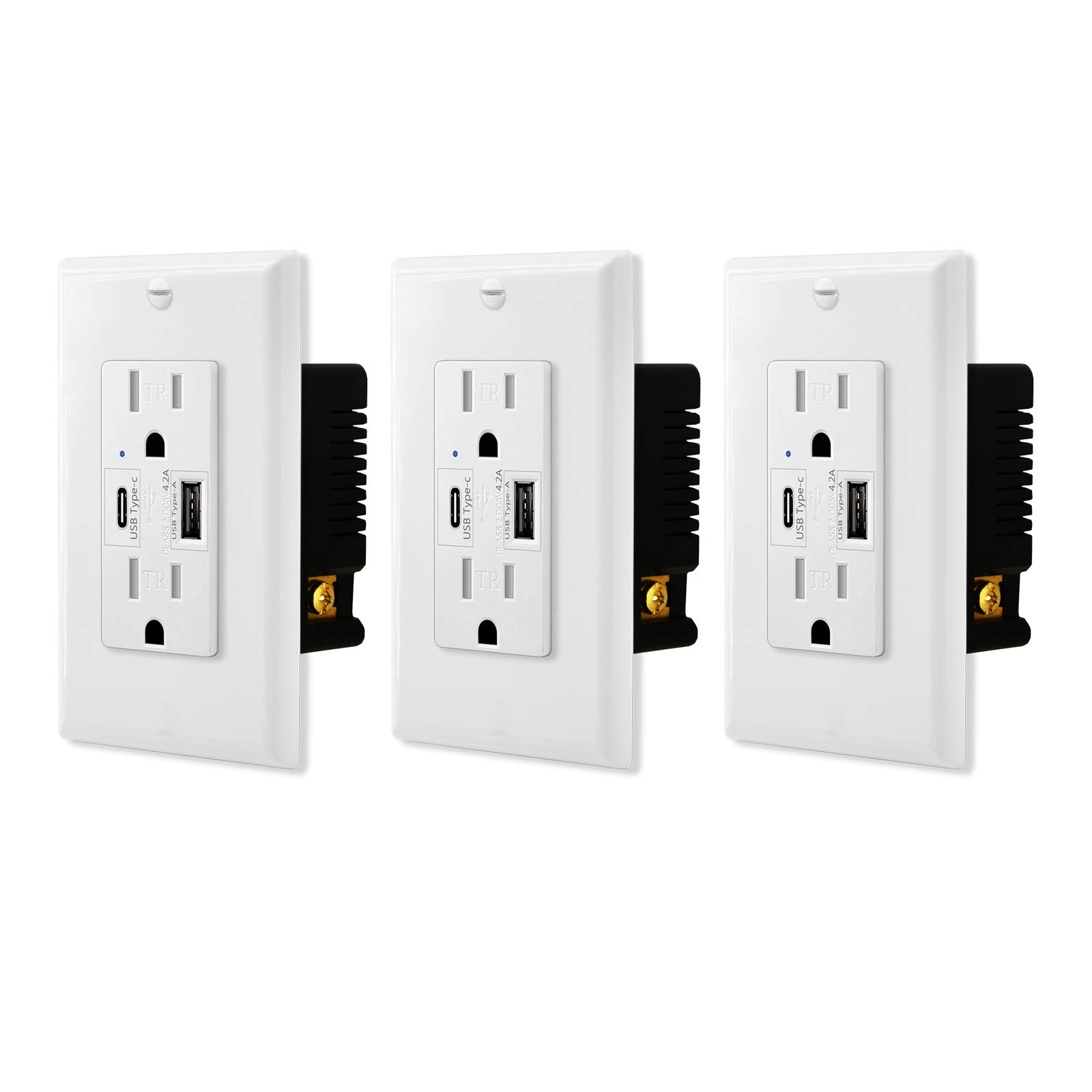 3 Pack High Speed 4.2A USB Type C & USB A Dual Port Wall Outlet - 15A Tamper Resistant Receptacle - White Duplex Electrical Socket - Compatible with iPhone, Samsung & Smartphones - UL Listed - Perfect for Home, Office & Hotel Charging Stations