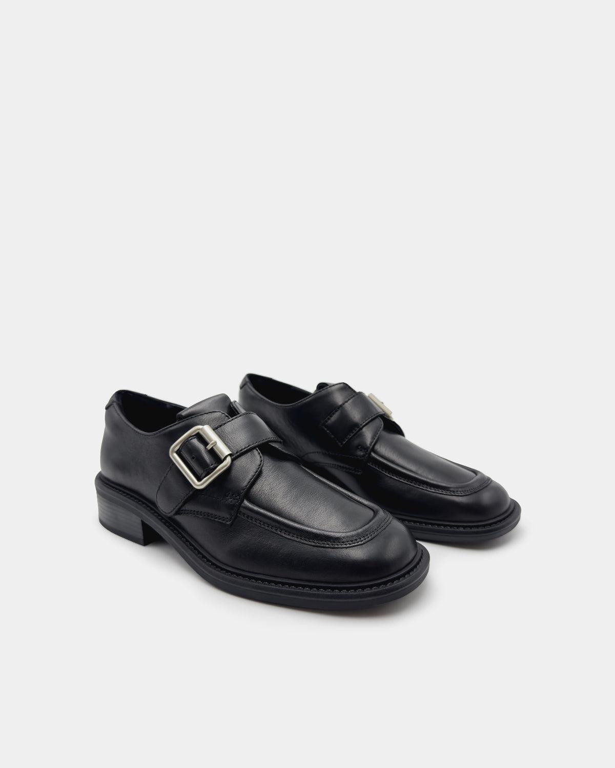 Black Leather Buckle Strap Loafers for Men & Women - Classic Comfortable Slip-On Shoes for Office, Casual & Dressy Occasions